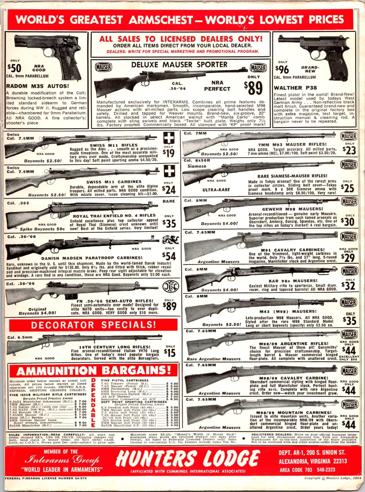 Hunter\'s Lodge 1968 surplus firearms print ad M98 Radom Mauser P38