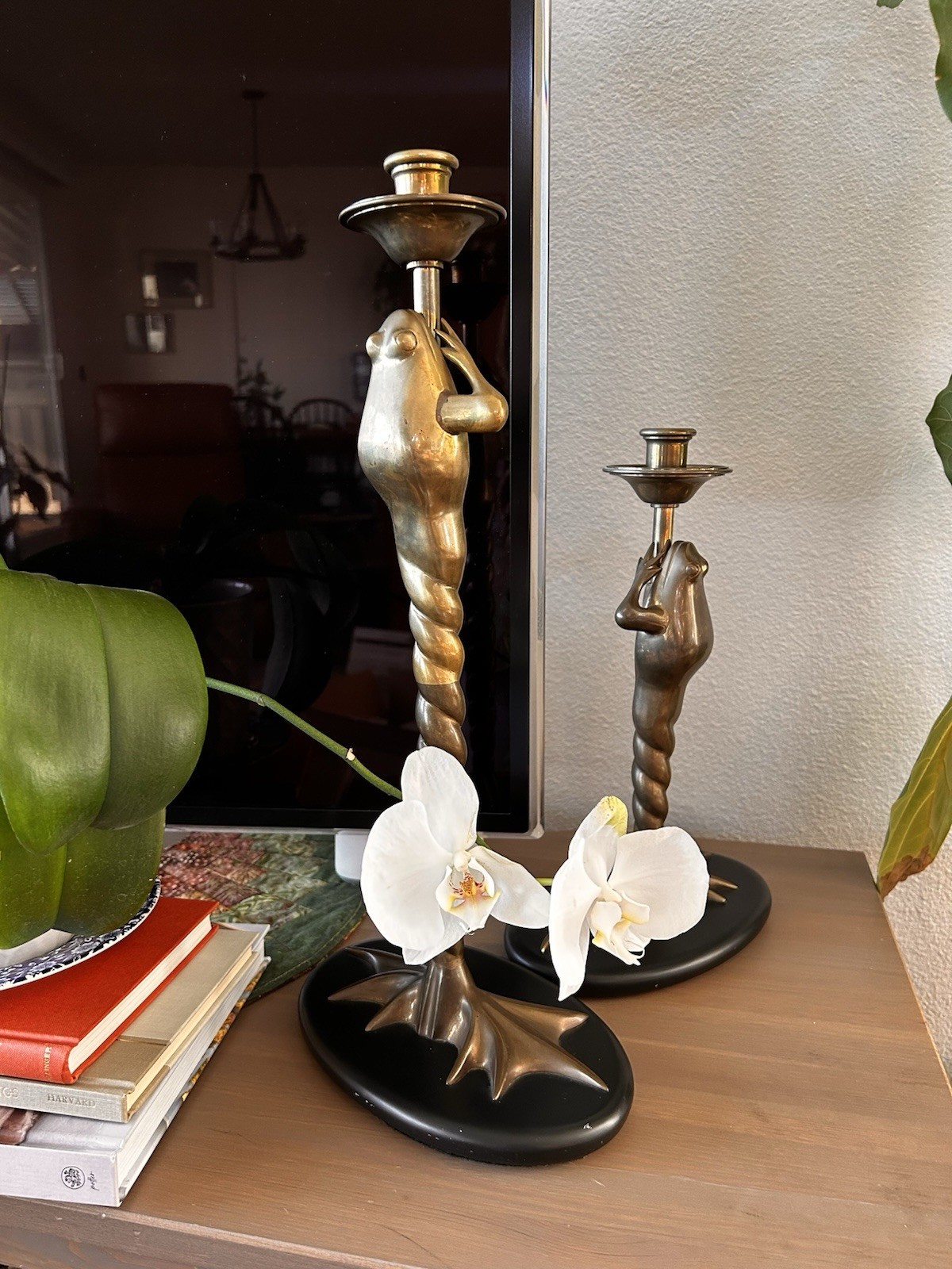 1979 Chapman Vintage Heavy Brass Frog Candle Holders Varying Heights 19” & 14”