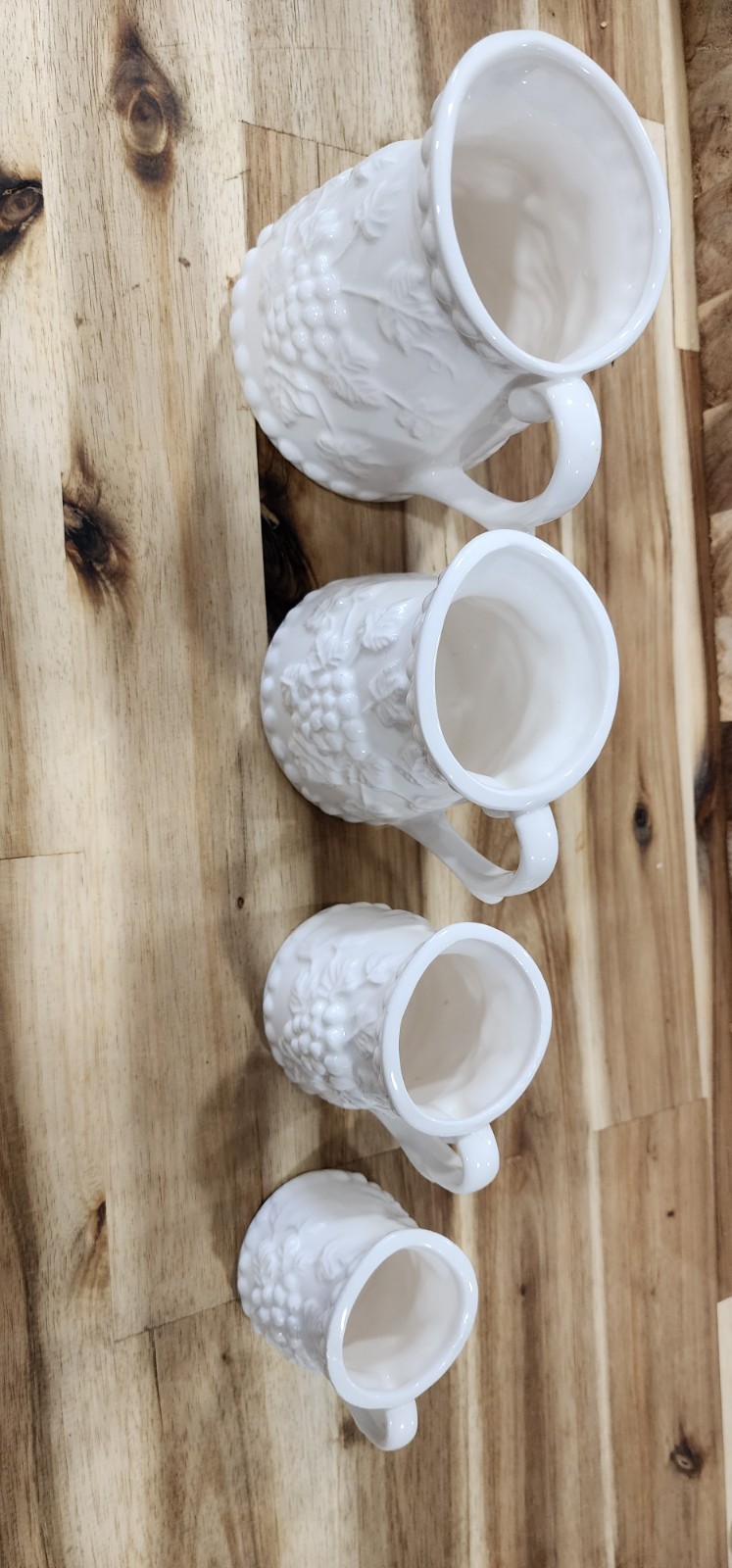 Vintage Set-0f-4 White-Ceramic Glazed Measuring Cups Jugs Grape + Leaf