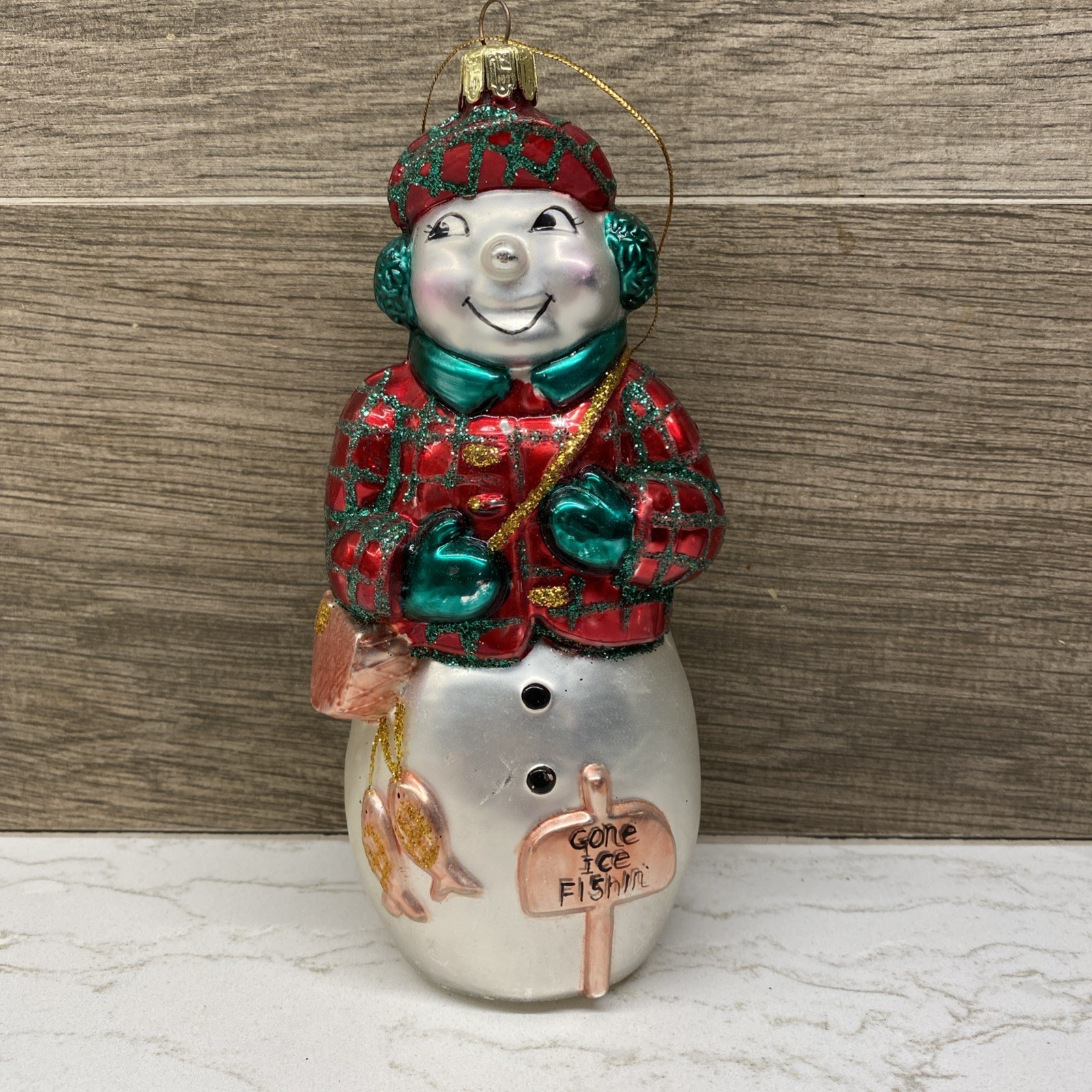 Santas Best European Hand Blown Glass Christmas Ornament Snowman Fishing Santas Best European Hand Blown Glass Christmas Ornament Snowman Fishing