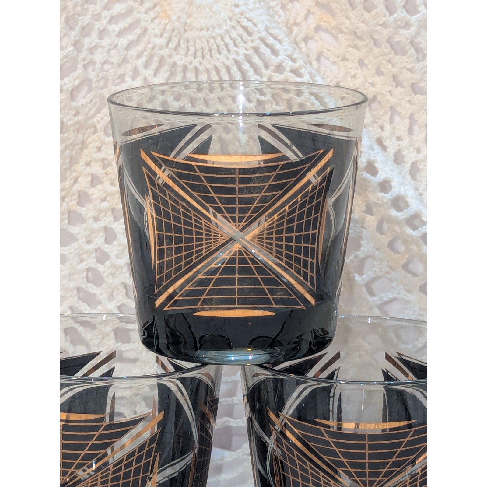 Vintage MCM Federal Glass Op Art Rocks Glasses and Coasters Set of 5 Barware