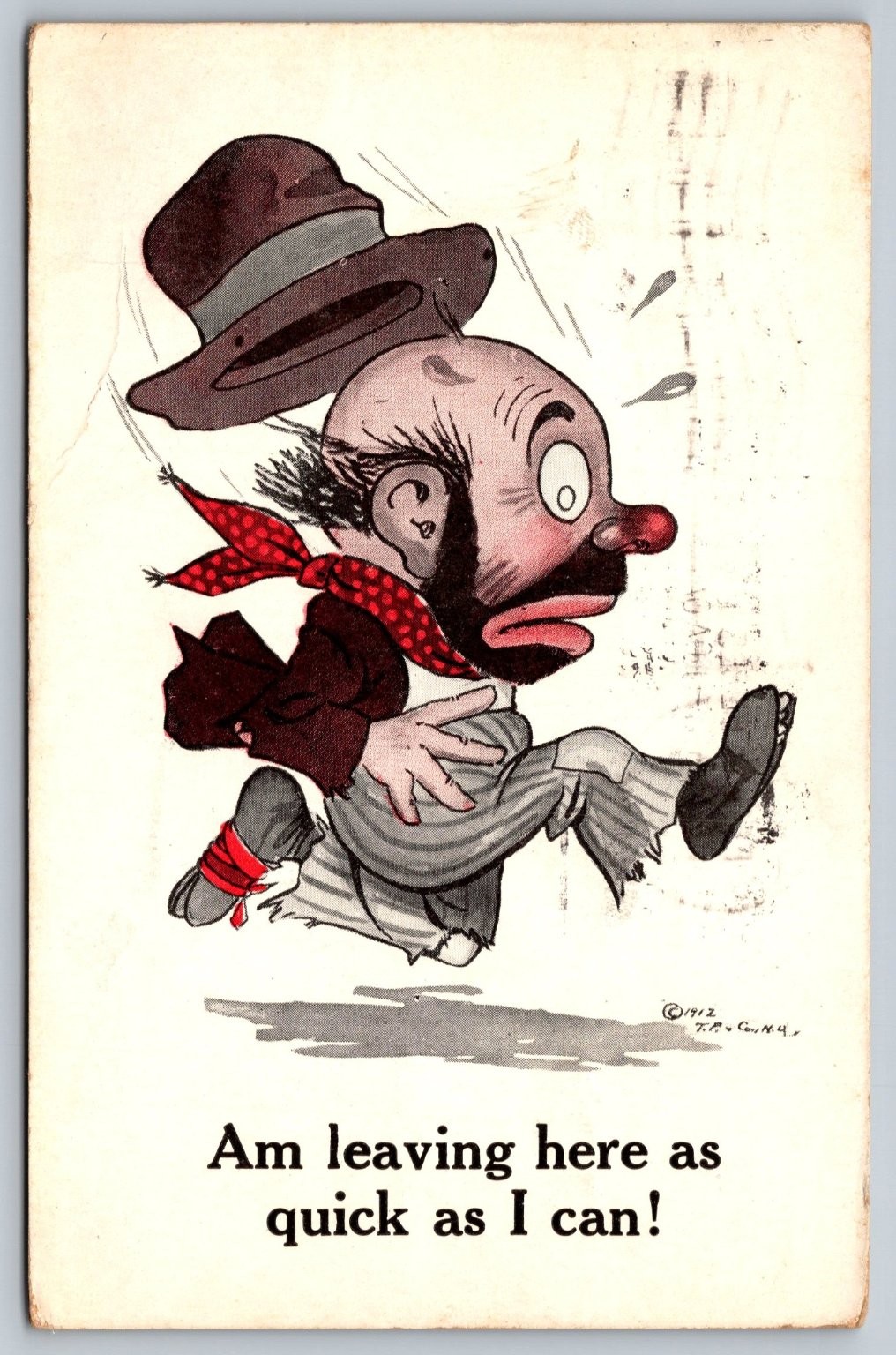 Vintage 1913 Comic Postcard Man Running with Hat Flying Off