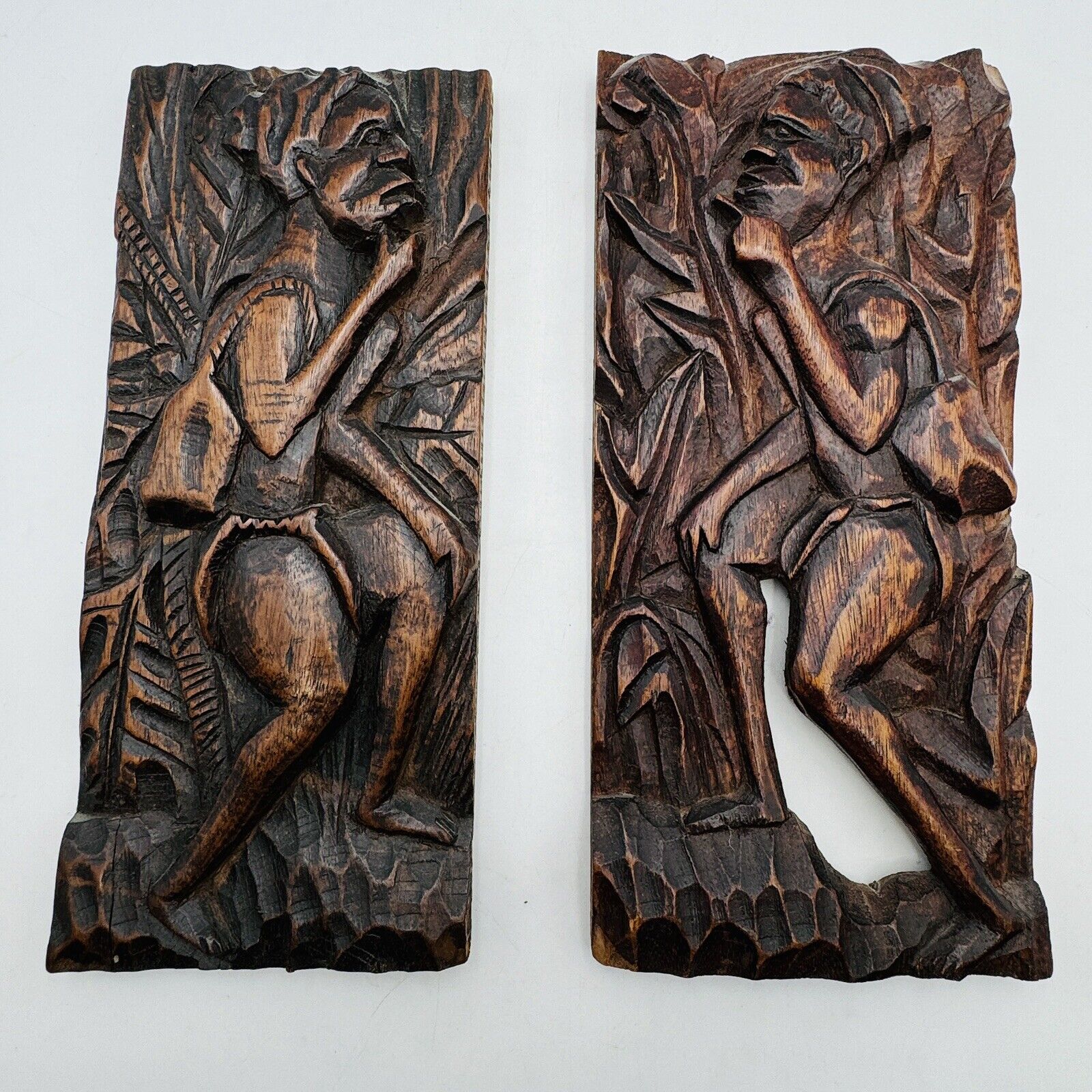 AFRICAN WALL ART Hunters Wood Hand Carved Man Men Pair Vintage