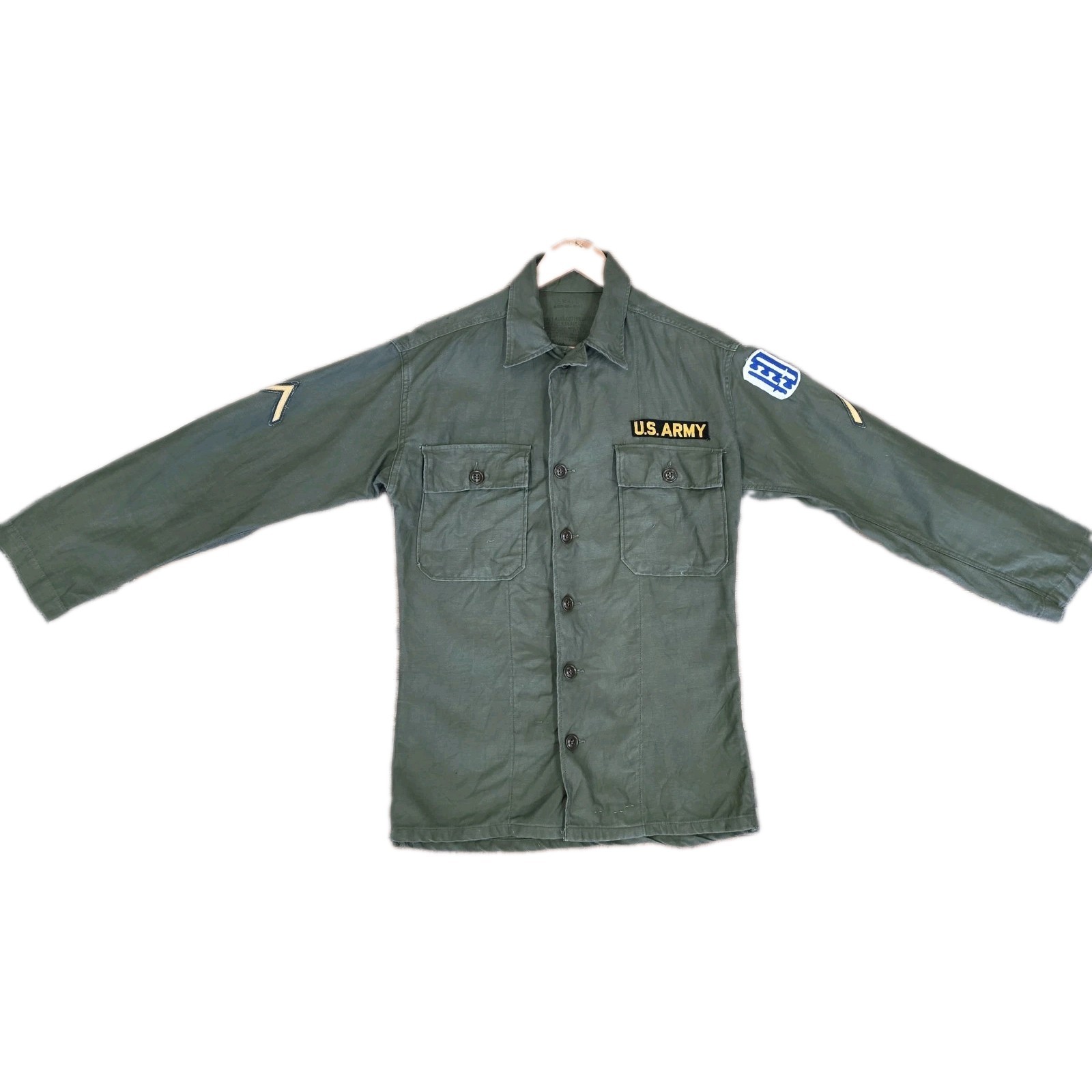 Vtg 1950s US Army OG-107 Utility Shirt 4th Army Patch PFC Military Uniform Sz Sm Vtg 1950s US Army OG-107 Utility Shirt 4th Army Patch PFC Military Uniform Sz Sm