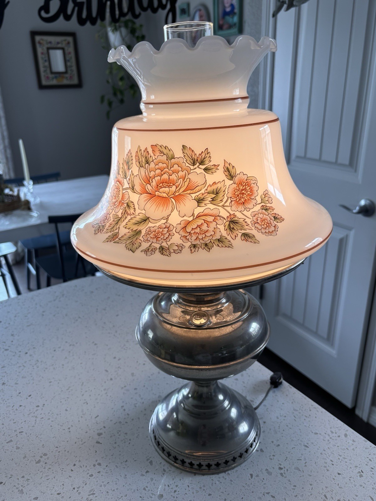 Vintage Antique Rayo Electrified Oil Lamp Nickel Milk Glass Floral Shade 21\