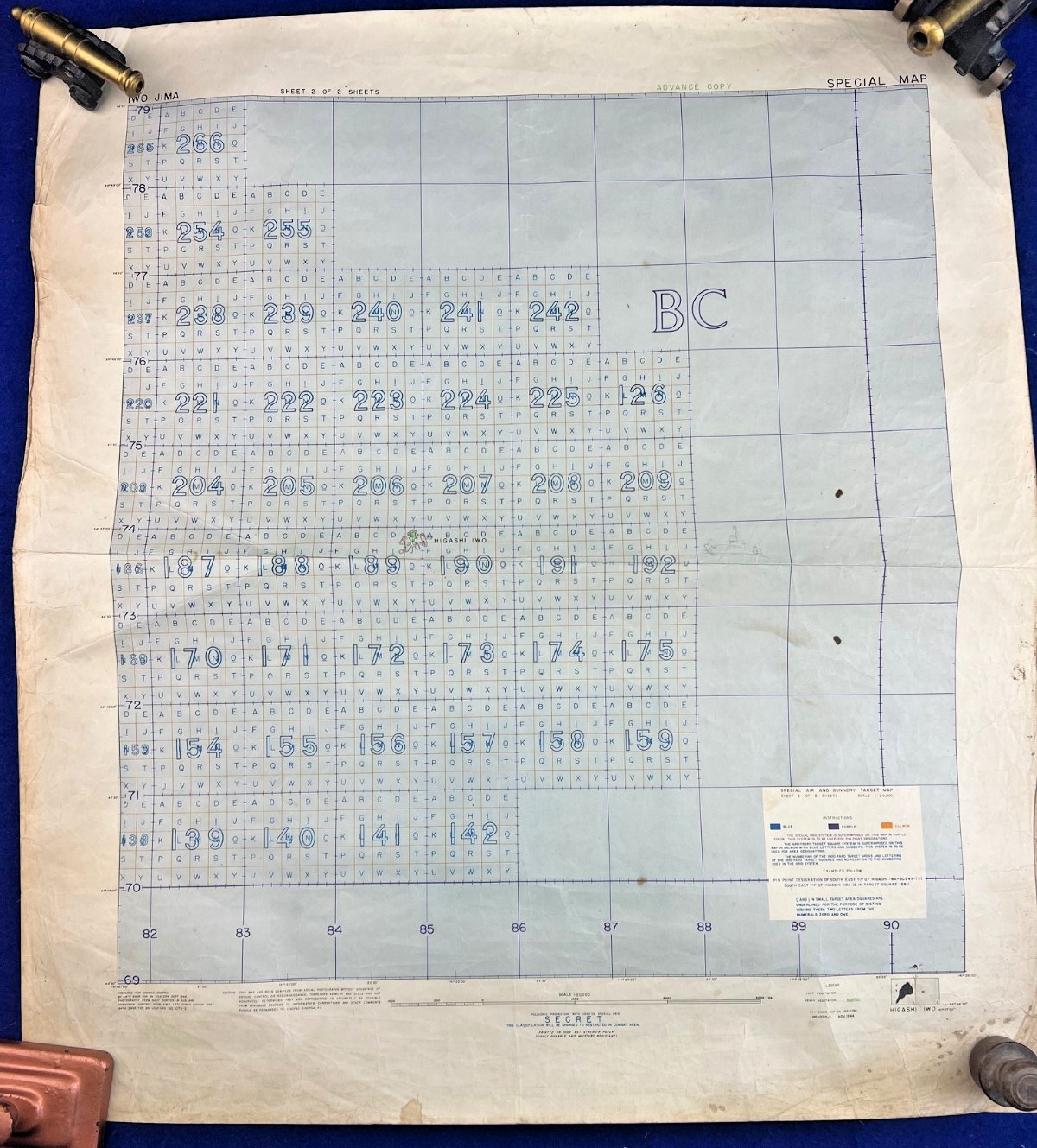 1944 Original Secret Iwo Jima Pre Invasion Air Gunnery Map Higashi Iwo WWII