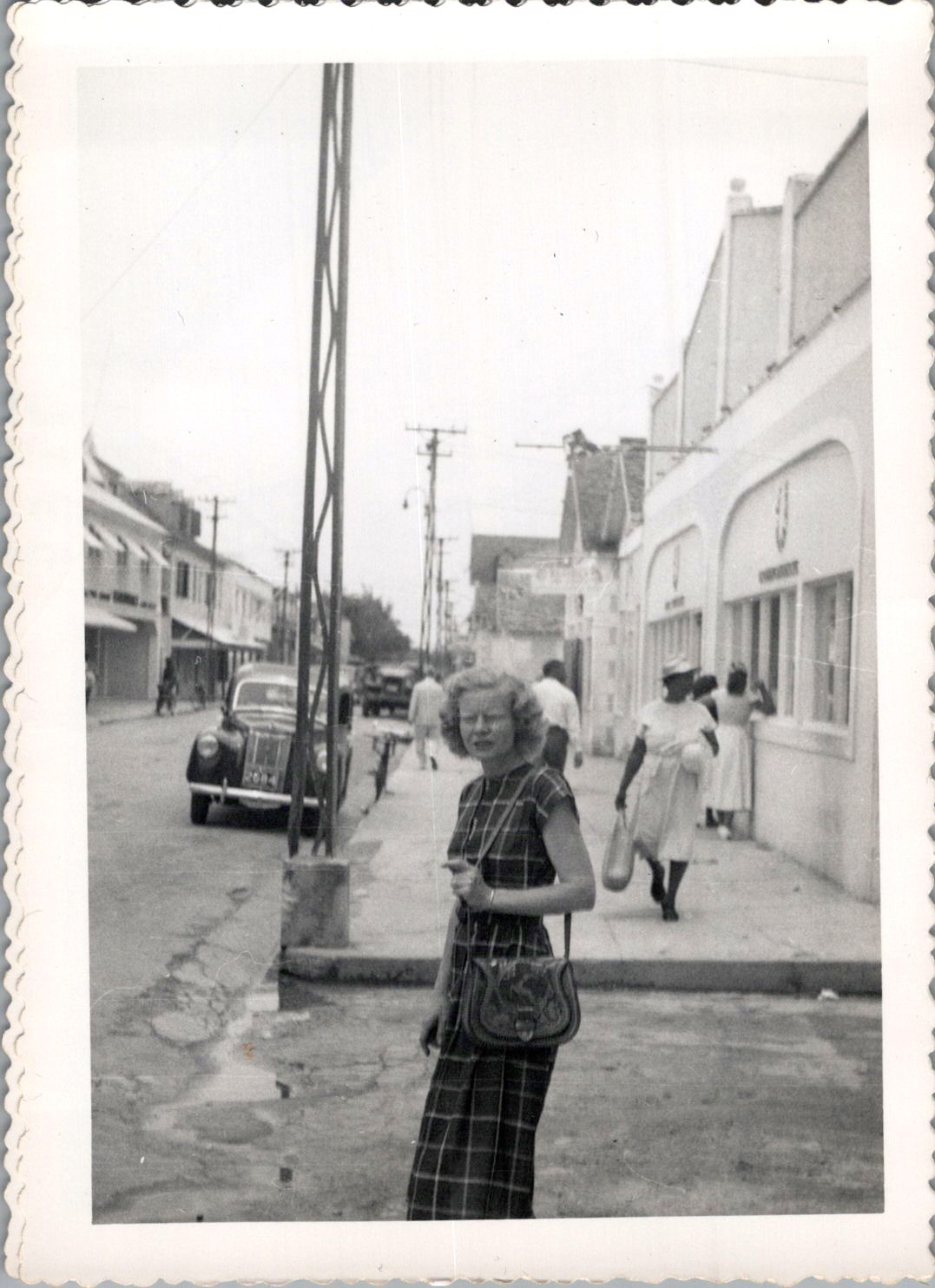 1950 Nassau Bahamas Street Scene Woman in Plaid Dress & Car Photograph 1950 Nassau Bahamas Street Scene Woman in Plaid Dress & Car Photograph