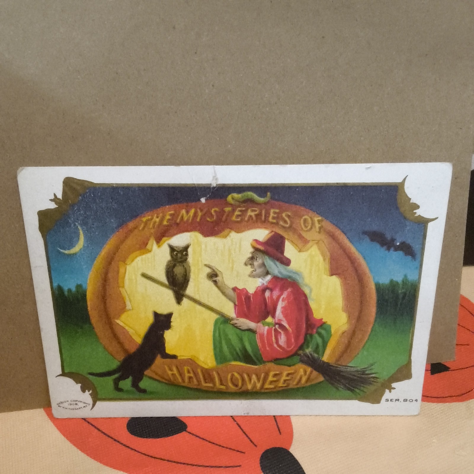 HALLOWEEN POSTCARD EMBOSSED 1912 Series 804 N.W. TAGGART 1908 Witch Owl Cat Bats