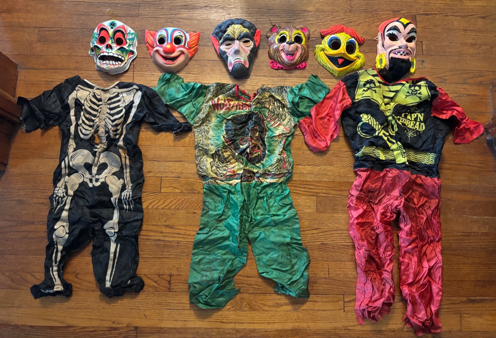 1960s 1970s Ben Cooper Halloween mask Costume lot redbeard bozo wolfman skeleton