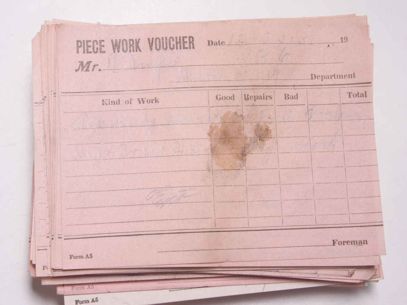 December 1931 Lamson Goodnow Piece Work Voucher Maunfacturing Pay Ephemera E39A