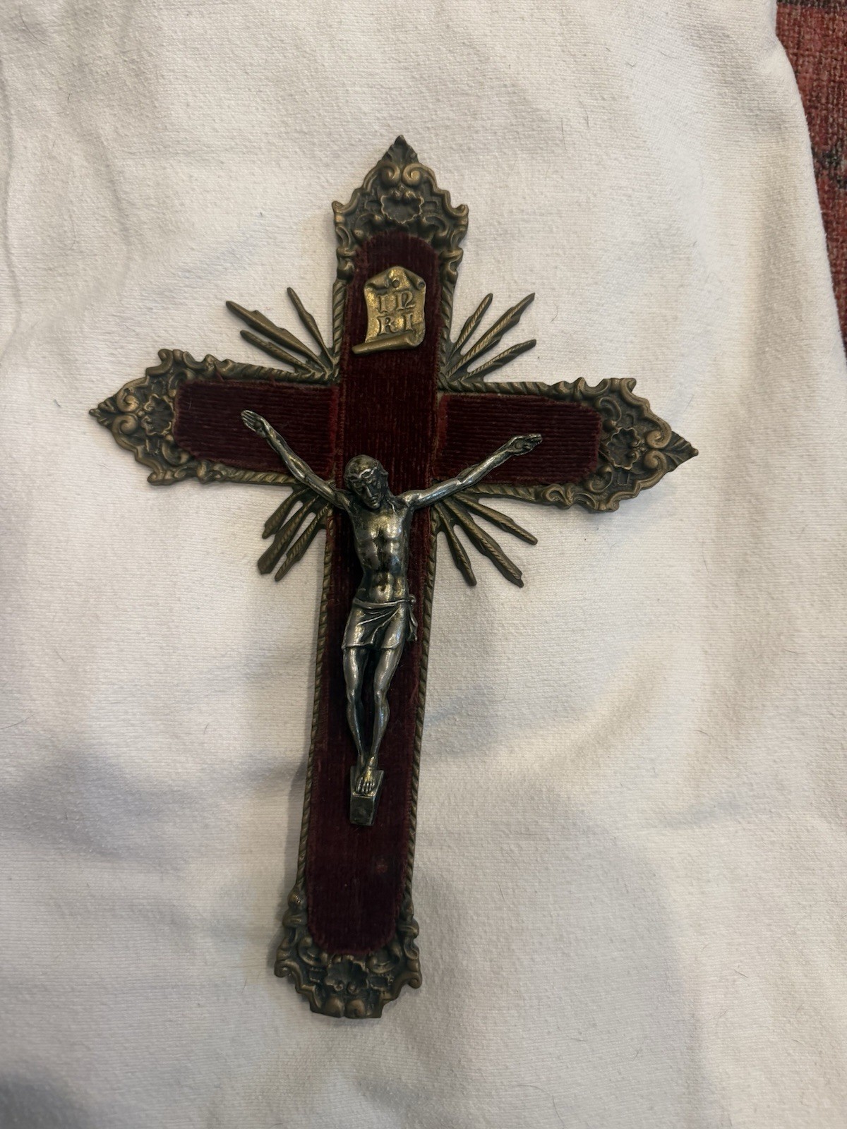 Antique brass velvet wall crucifix religious