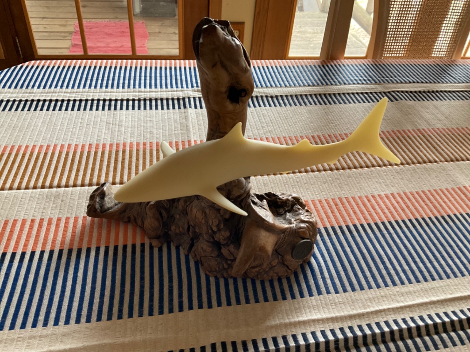 Vintage 1975 80's John Perry Carved swimming shark sculpture burled wood base 