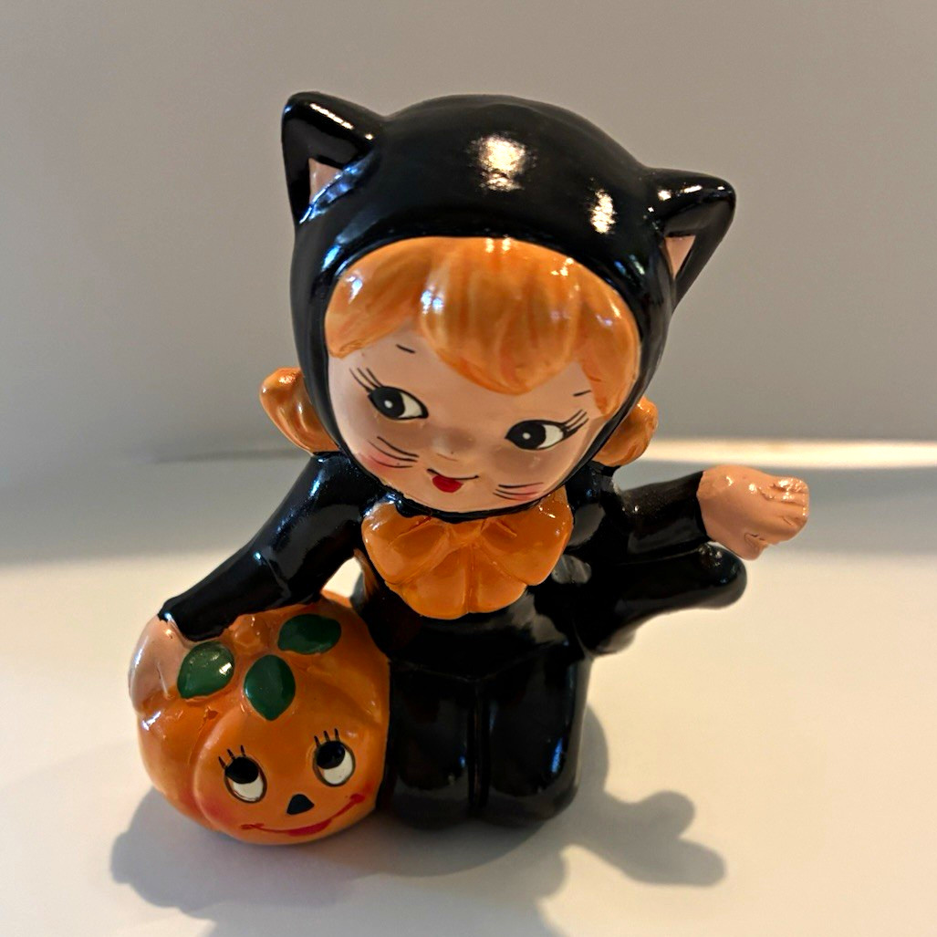 Lefton Halloween Girl in Black Cat Costume Jack-o\'-Lantern Ceramic Figurine