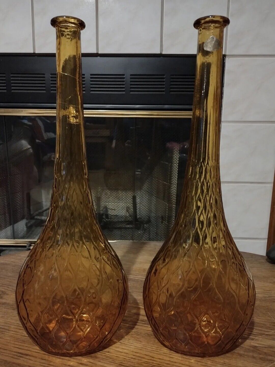 2 Empoli Guildcraft Genie Bottles Amber Quilted Honeycomb Fishnet 1960s Italian 