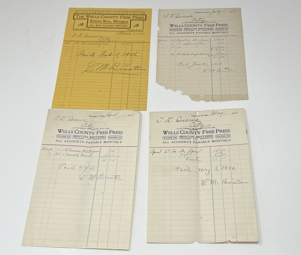 1906 Wells County Free Press Fessenden ND Brinton Bros Statements Lot of 4