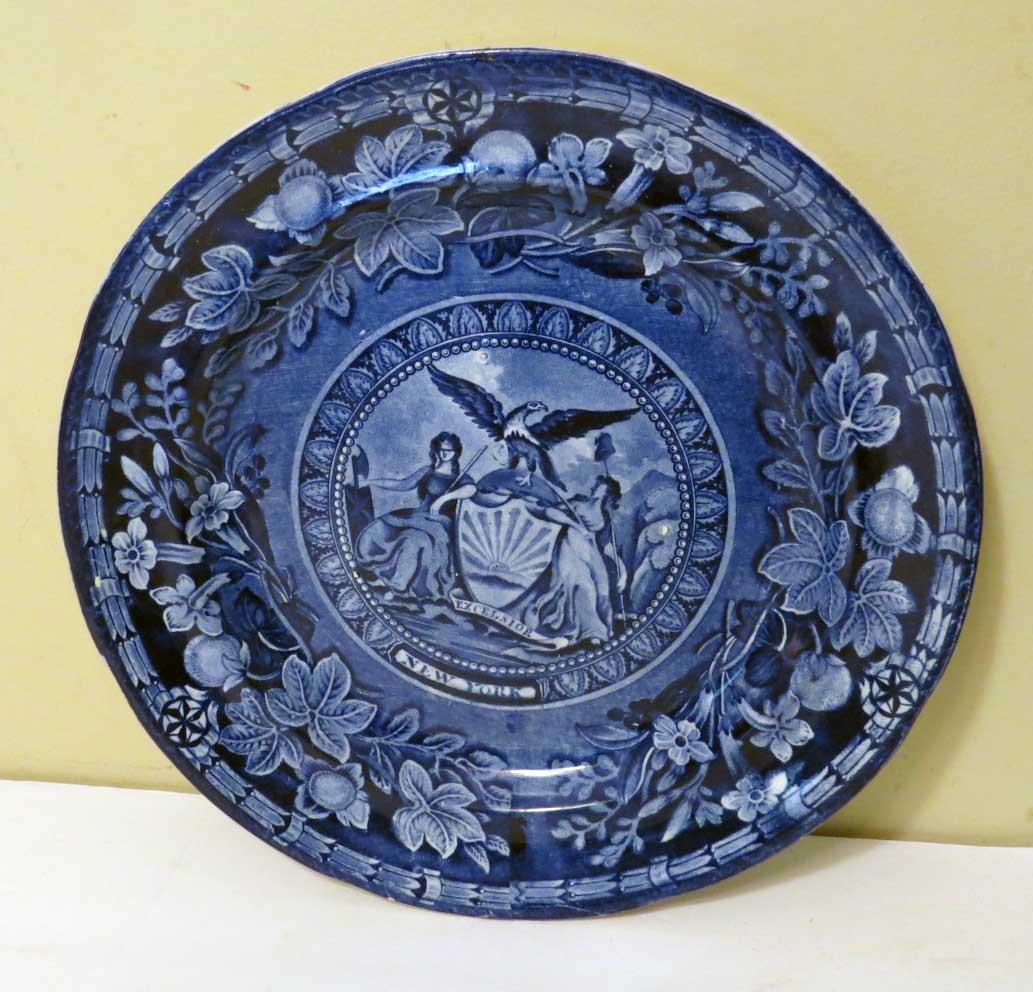 VERY RARE AMERICAN HISTORICAL STAFFORDSHIRE PLATE, ARMS OF NEW YORK, T. MAYER
