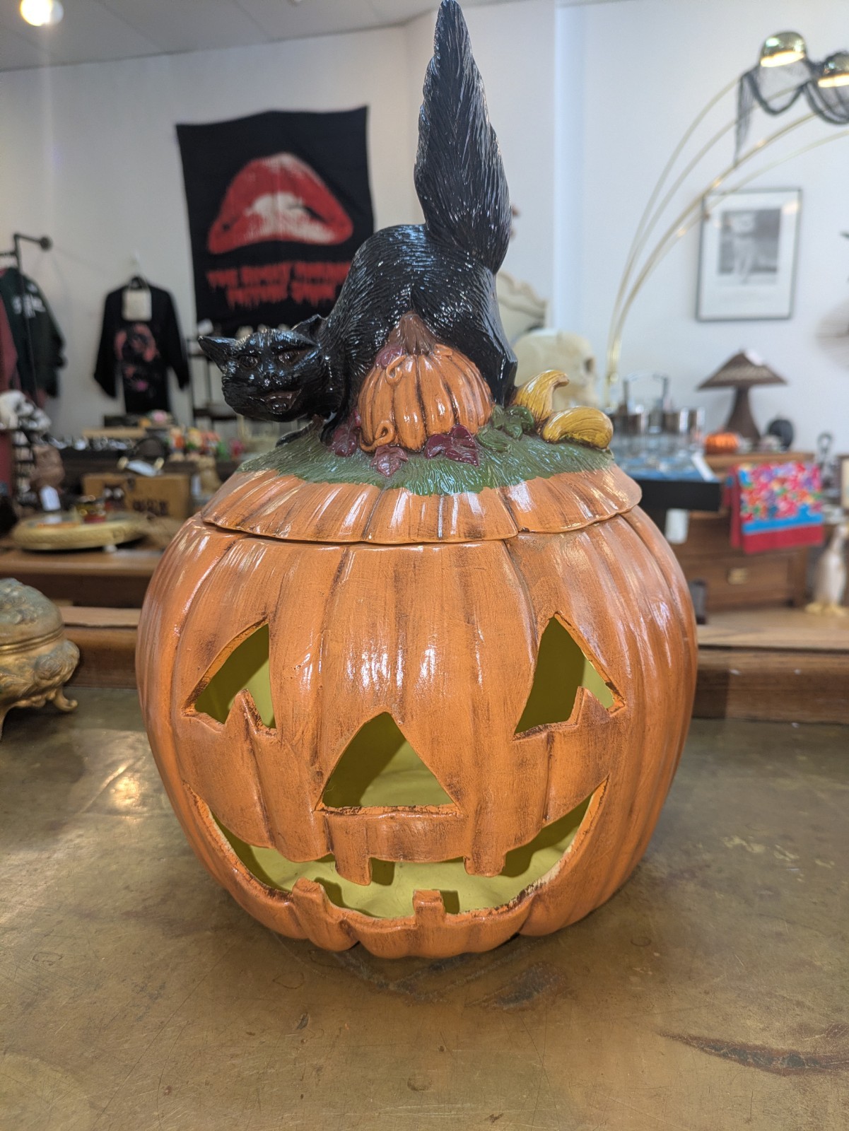 Vtg 1979 Scioto Molds Ceramic Halloween Pumpkin Jack O Lantern Black Cat Lid