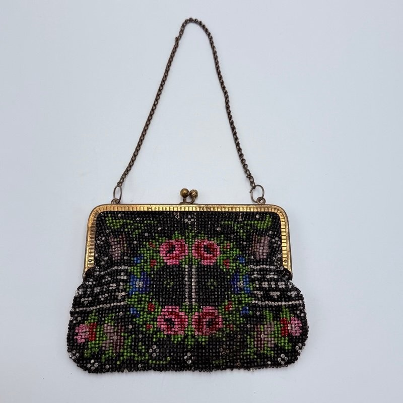 Vintage Beaded Purse Germany Black Floral Micro Bead Frame Evening Bag Clutch
