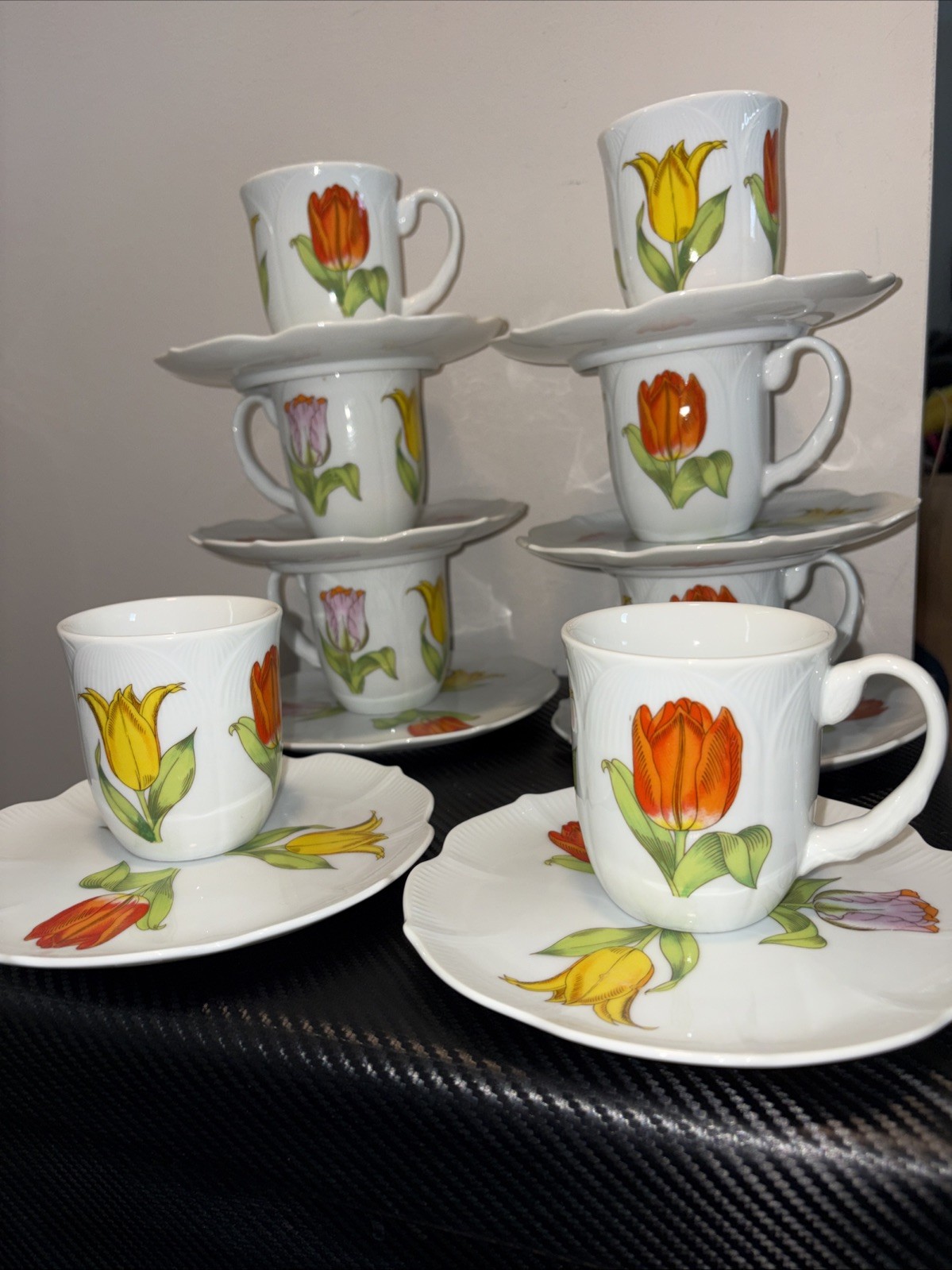 VTG 1979 Sheffield TULIP TIME 16 Piece Coffee Set Mugs/Plates Floral Japan
