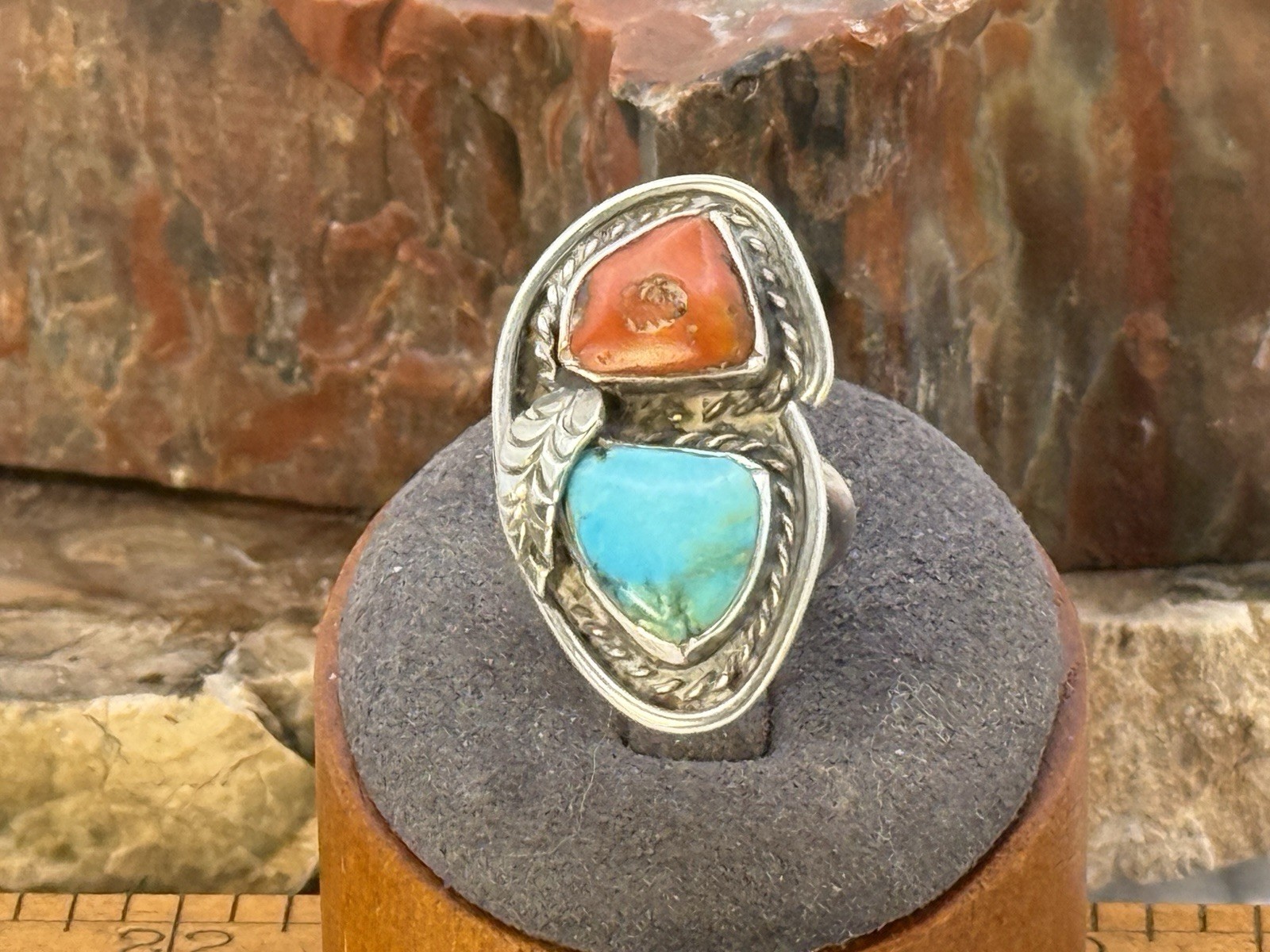 Vintage Native Navajo Sterling Silver Turquoise Coral Ring sz 6--2459.26