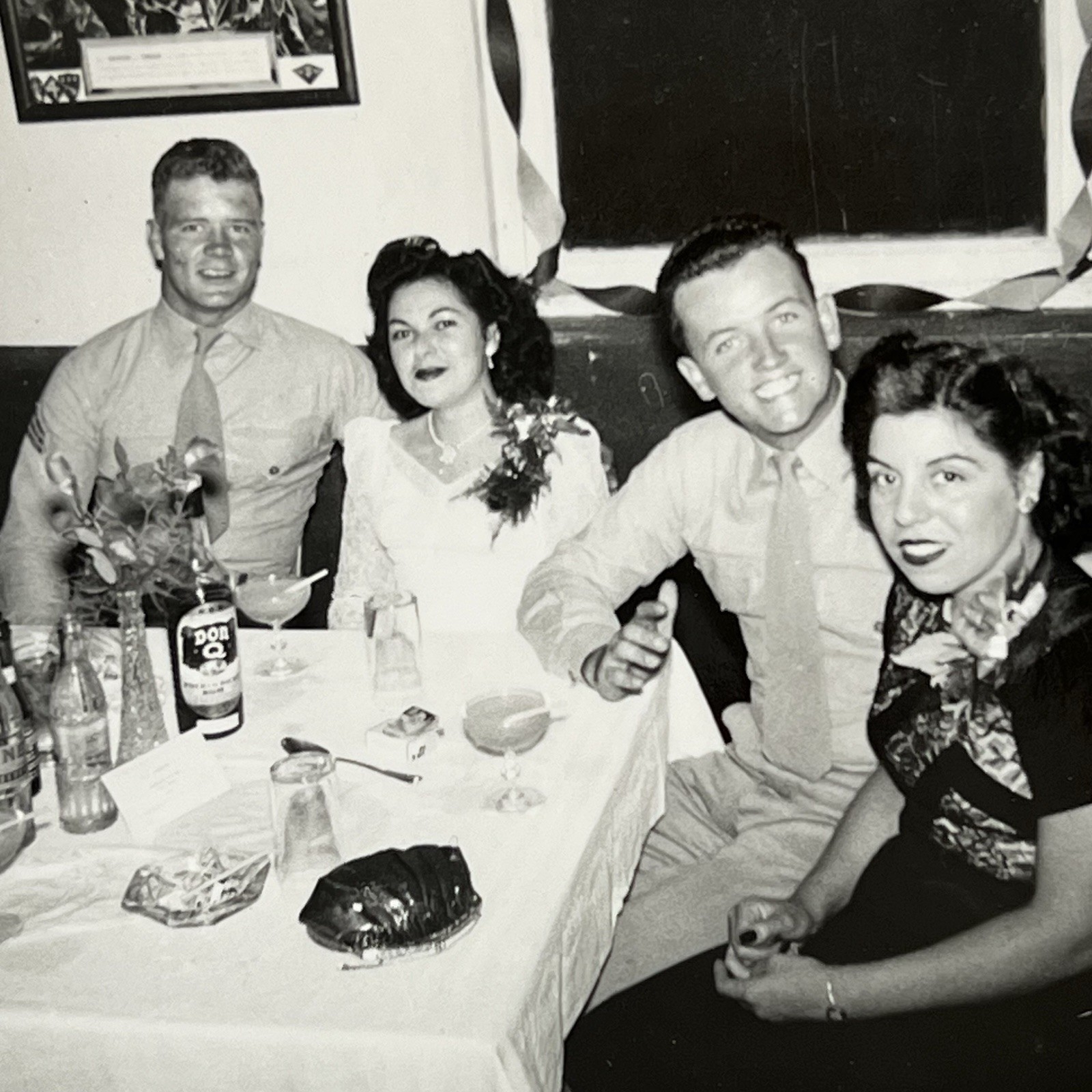 Vintage B&W Snapshot Photograph Beautiful Young Couple Military Men Restaurant Vintage B&W Snapshot Photograph Beautiful Young Couple Military Men Restaurant