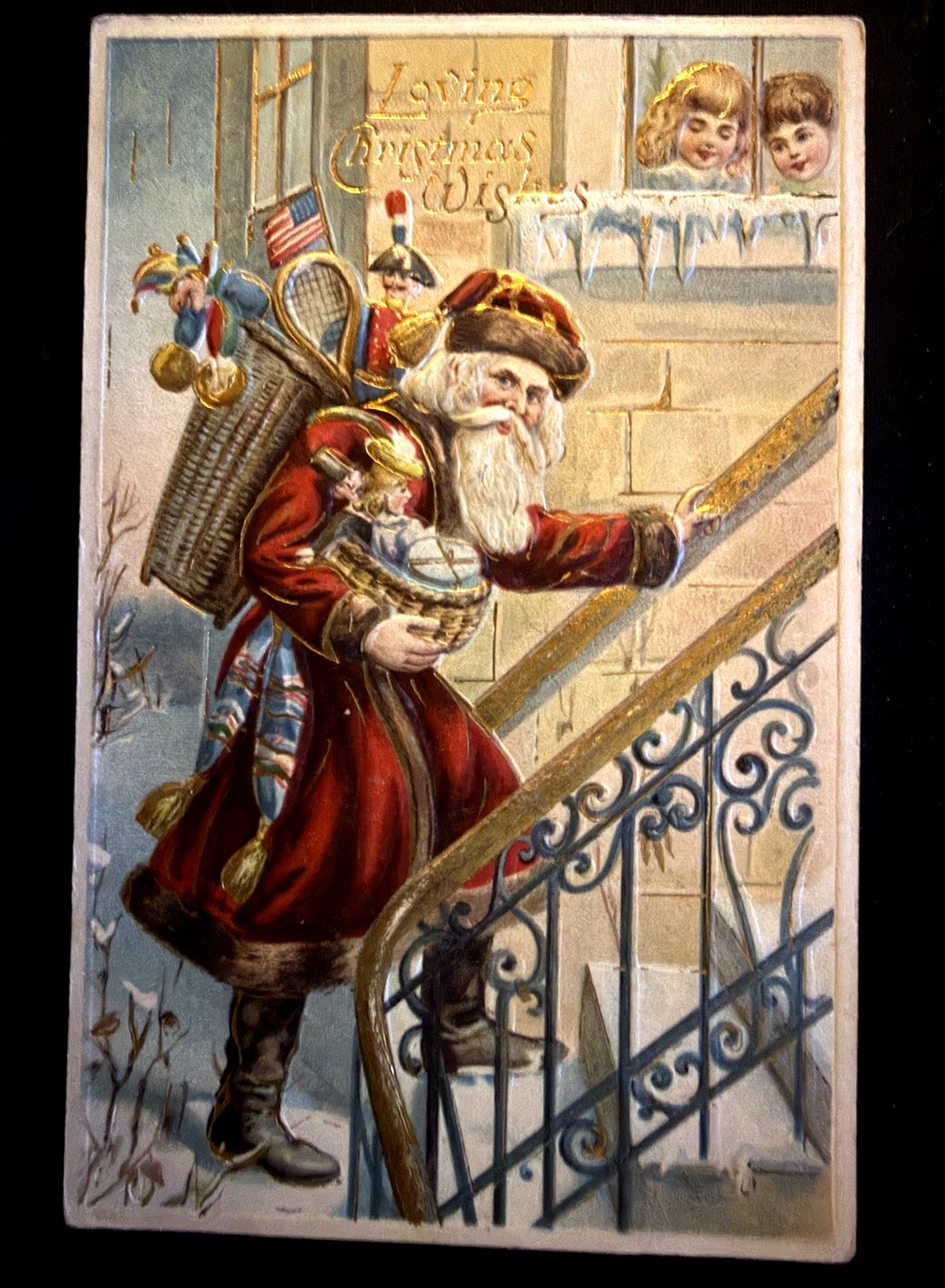 Santa Clauswith USA Flag Toys~Children  1908 ~Patriotic Christmas Postcard~s547