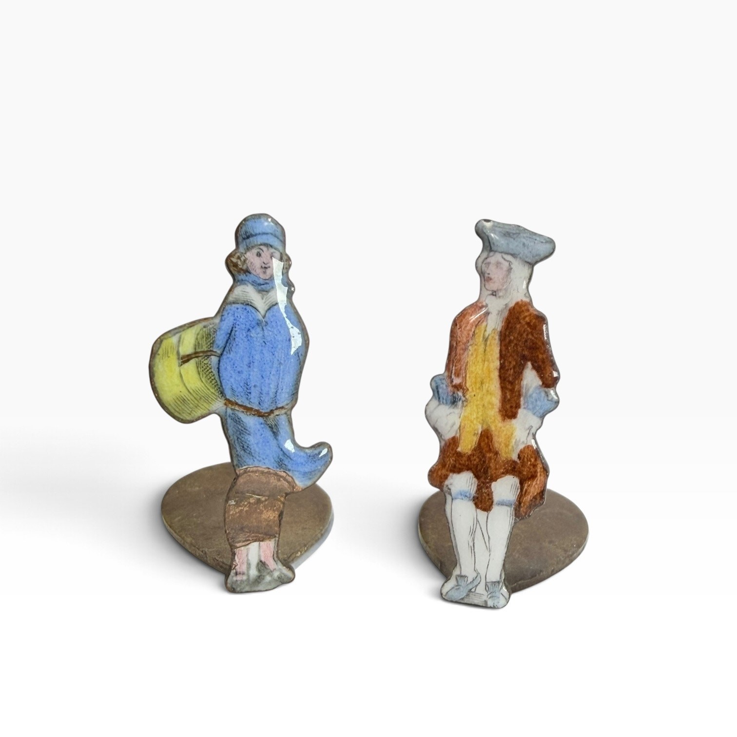 Antique French Enamel Place Card Holders, Pair, Figural, Made in France