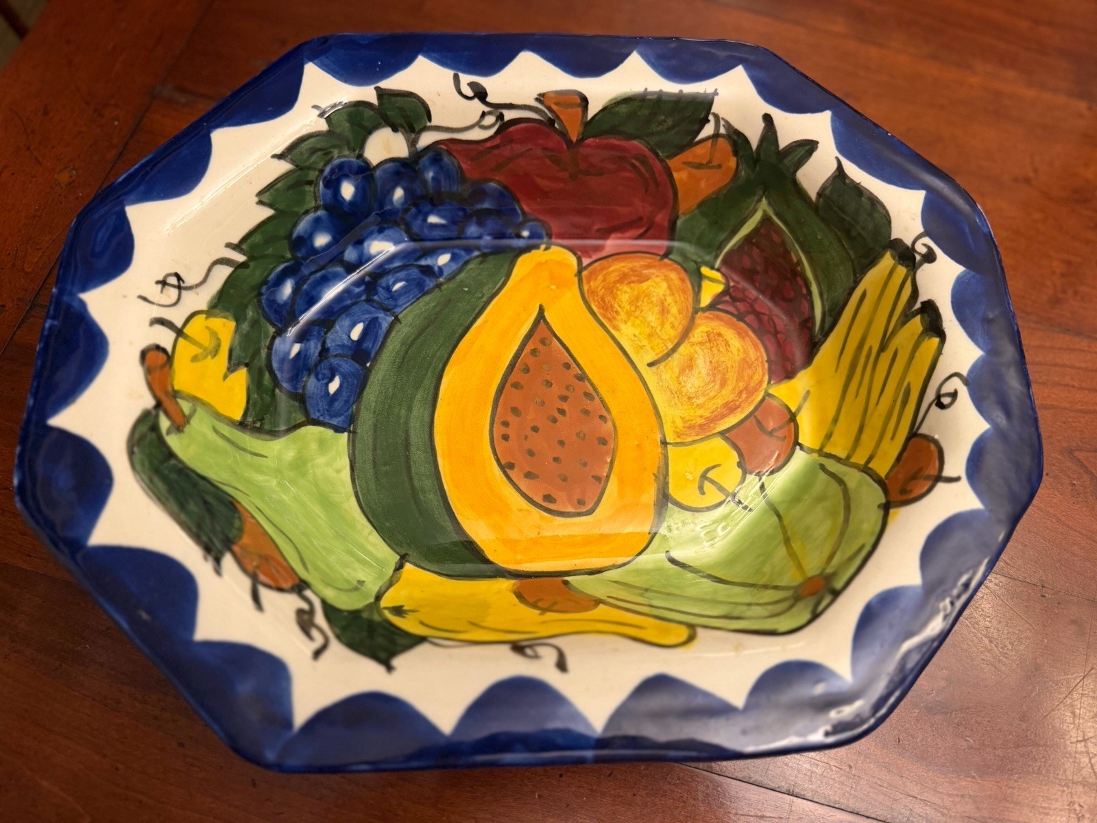 Large Vintage Mexican Talavera Majolica Serving Bowl Hand Painted Octagonal Frui Large Vintage Mexican Talavera Majolica Serving Bowl Hand Painted Octagonal Frui