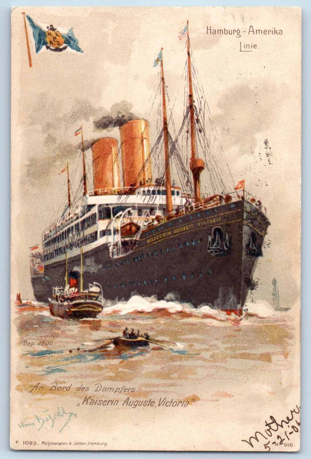 Germany Postcard An Edge of Steamer Empress Auguste Victoria c1905 Posted