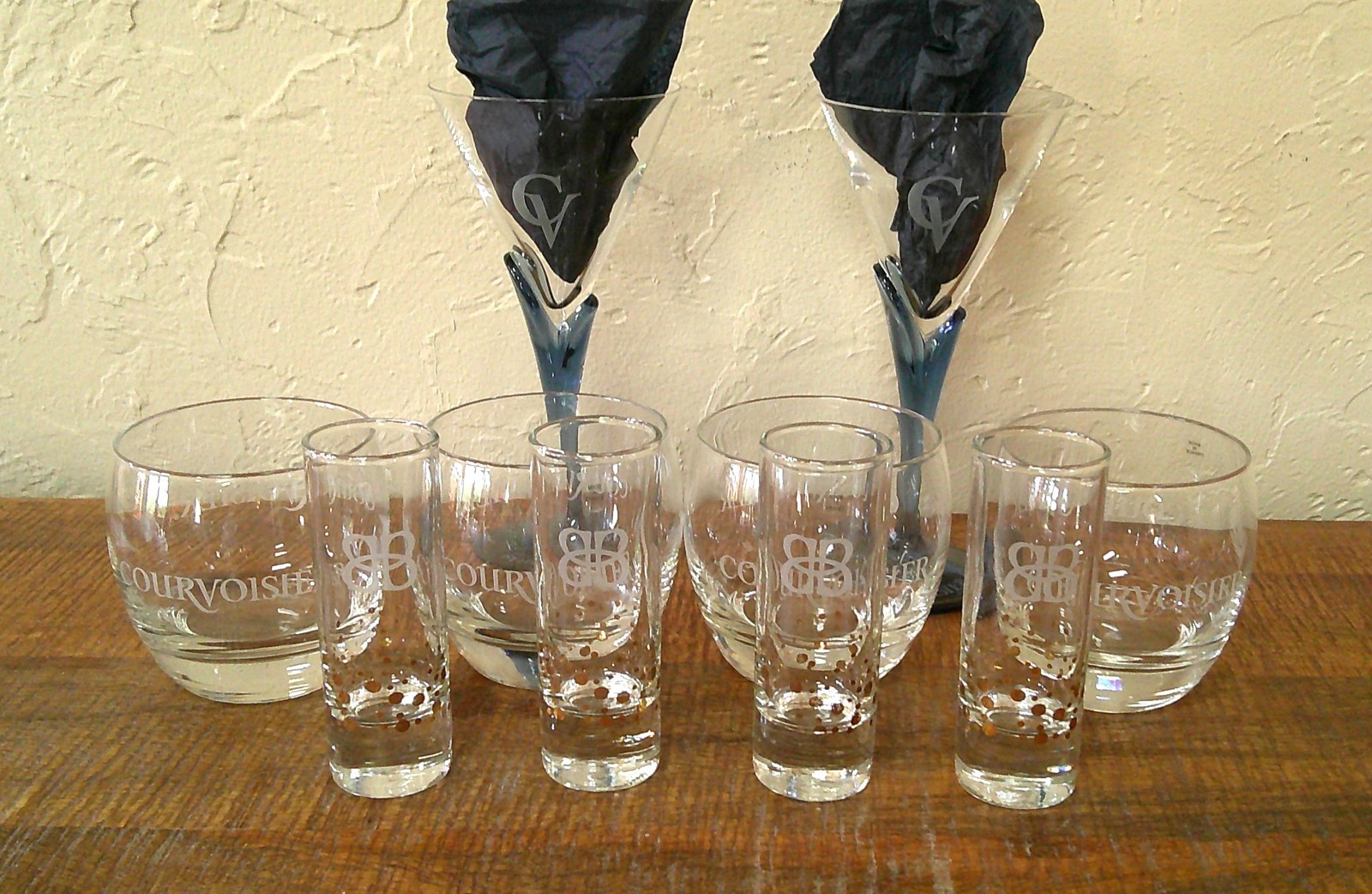Courvoisier Glassware Lot of 10 Tumblers Shot Glasses Blue Martini Glasses #4501