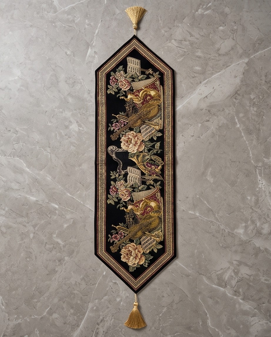 Vtg Belgium Tapestry Runner Lurex Detail and tassel. New without tag 13\