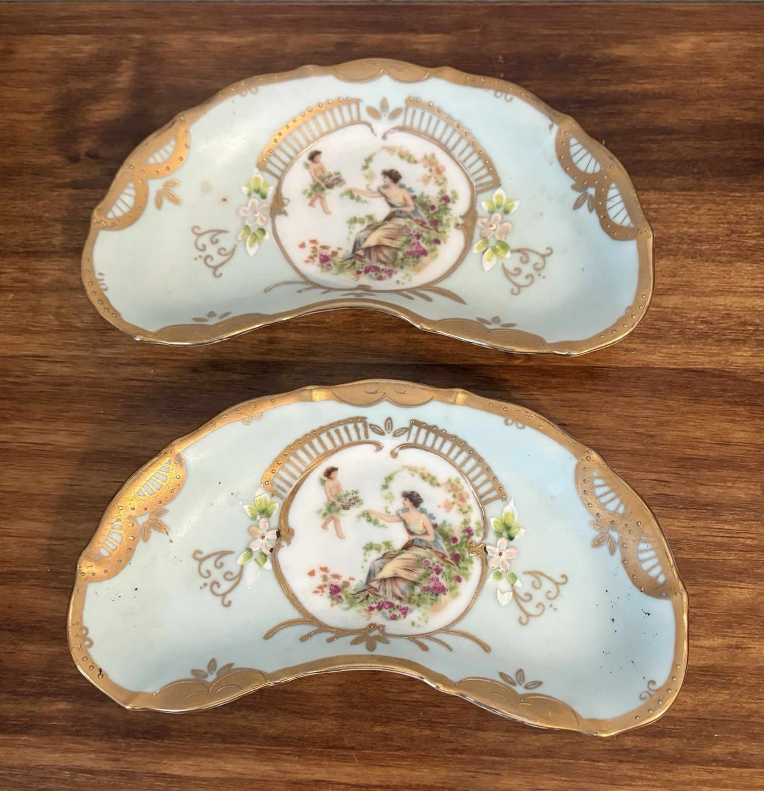 Pair of 2  Vintage Lenwile Ardalt Hand Painted Porcelain Trinket Dishes - 7.25\