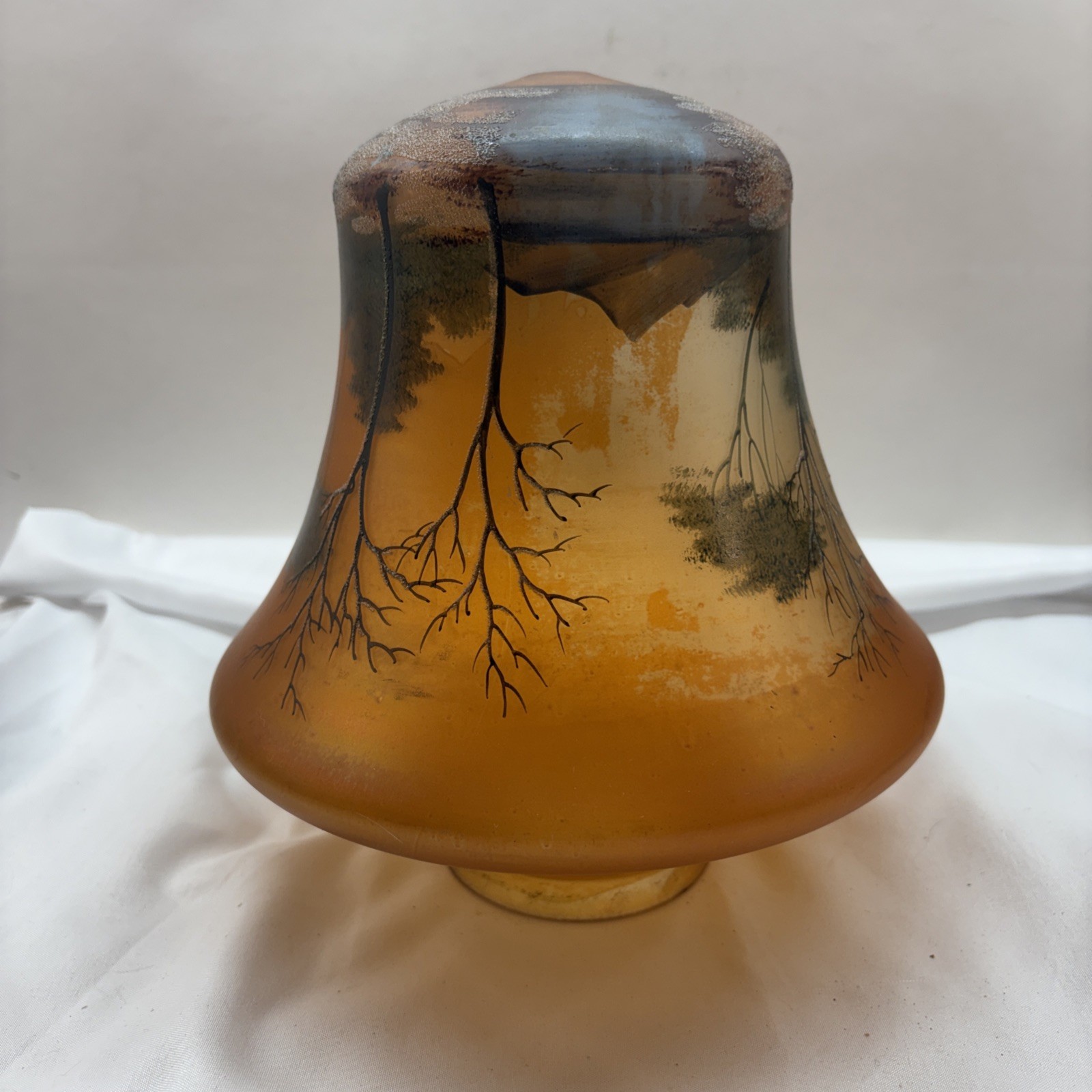 Vintage Hand Painted Frosted Glass Lamp Shade With Sunset Tree Landscape