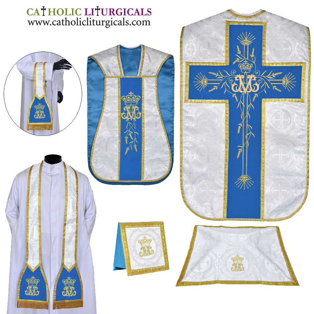 Marian Blue With Silver Brocade Marian Chasuble Vestment Fiddleback 5pc mass set Marian Blue With Silver Brocade Marian Chasuble Vestment Fiddleback 5pc mass set