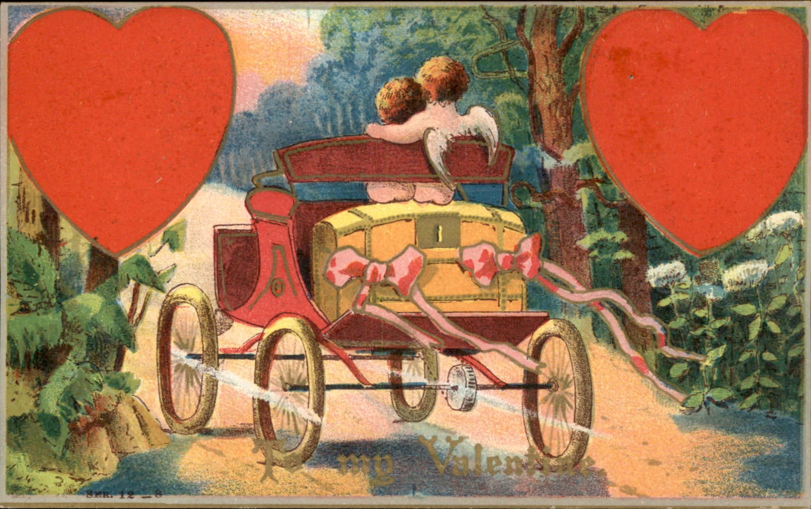Valentine\'s Day Cupid in Heart Carriage Love c1900s-10s Vintage Postcard