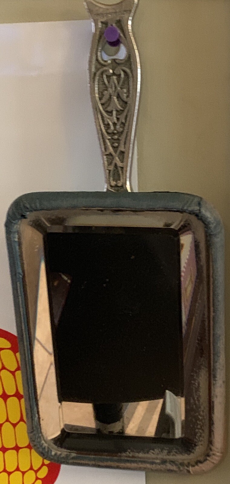 Scarce circa 1883 Men’s Ornate 5/8” Beveled Shaving Mirror 6.5” X 4.5”