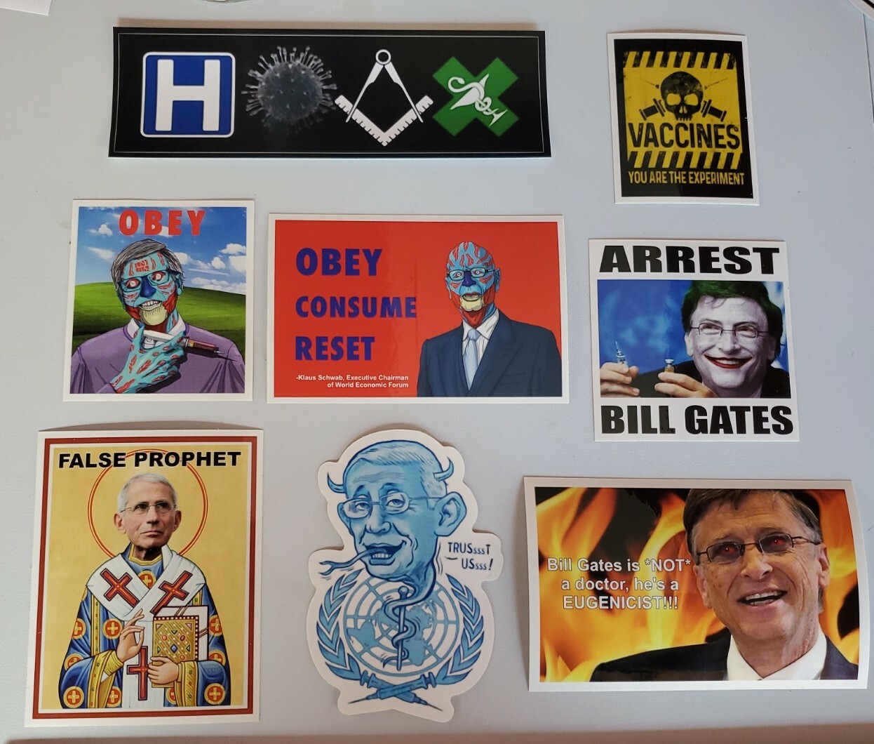 Vaccine 💉 Stickers HUGE LOT 8 PACK Dr Fauci Bill Gates Klaus Schwab GREAT RESET
