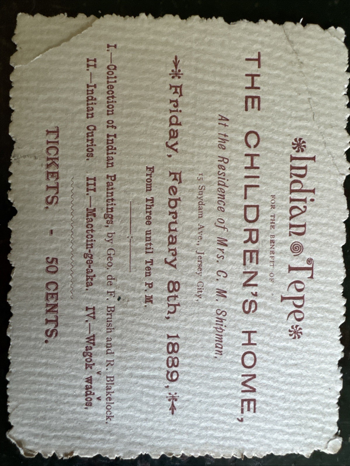 Rare 1889 Ticket Stub “Indian Tepe” Jersey City Children’s Home Benefit