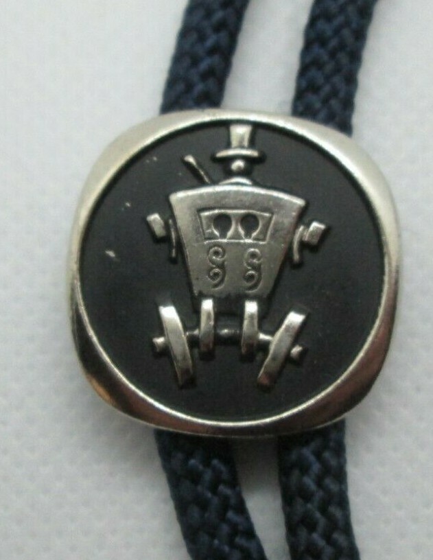Vintage Western Bolo Tie Old Horse Drawn Carriage Black Silver Blue Nylon Cord 