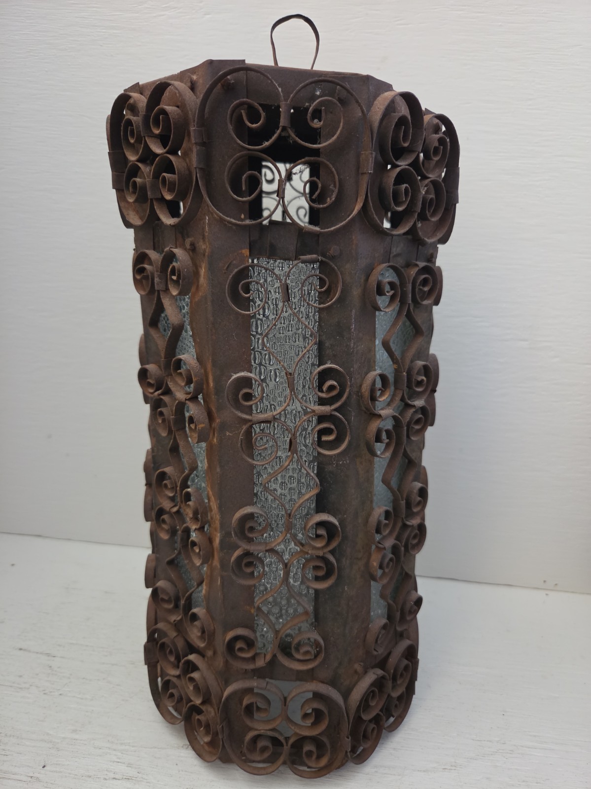 Mid Century Metal Scroll Spanish Revival Glass Hanging Lantern Light Fixture MCM