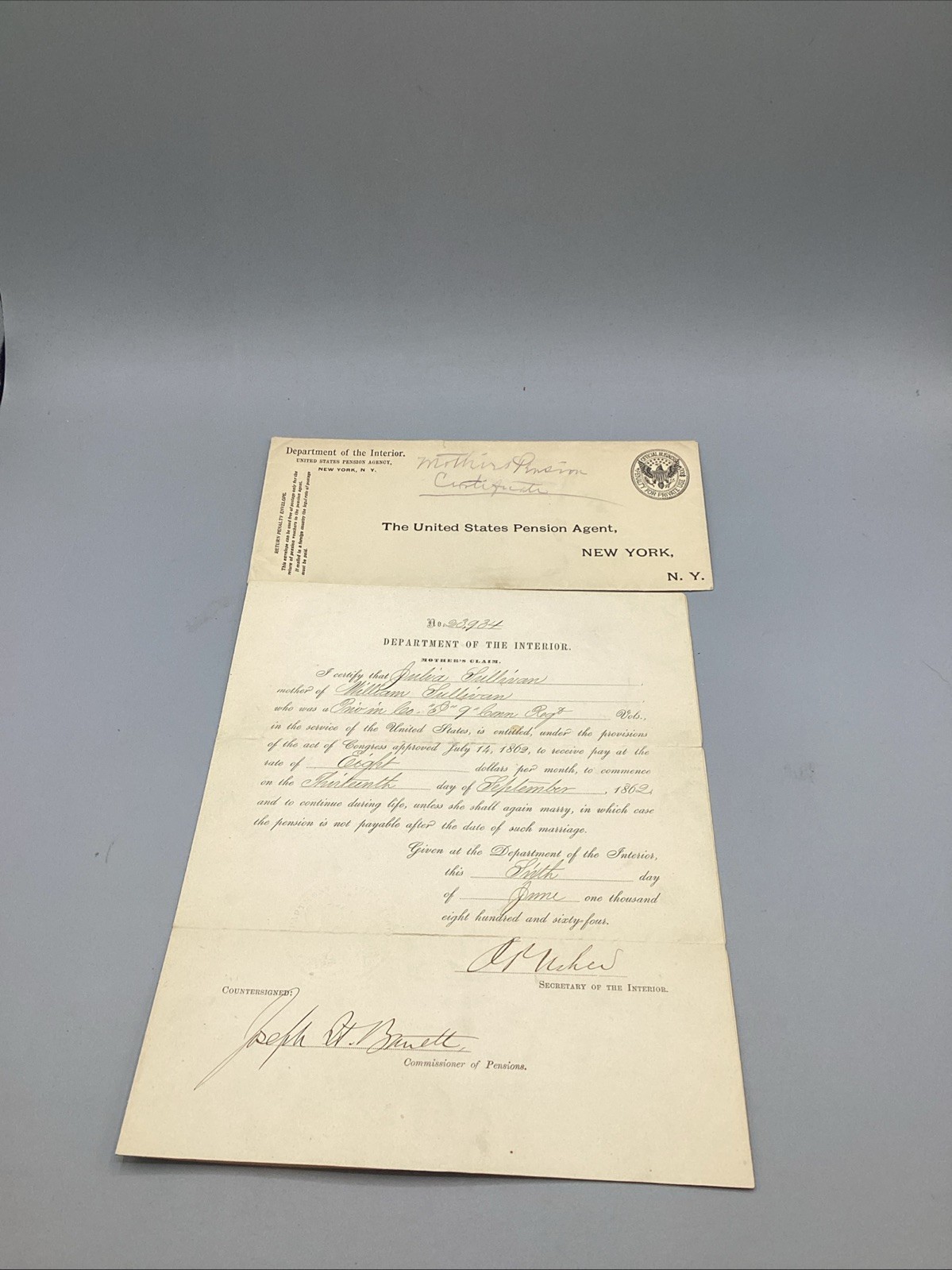 Original 1864 U.S. Department Of The Interior Mother’s Pension Certificate *RARE