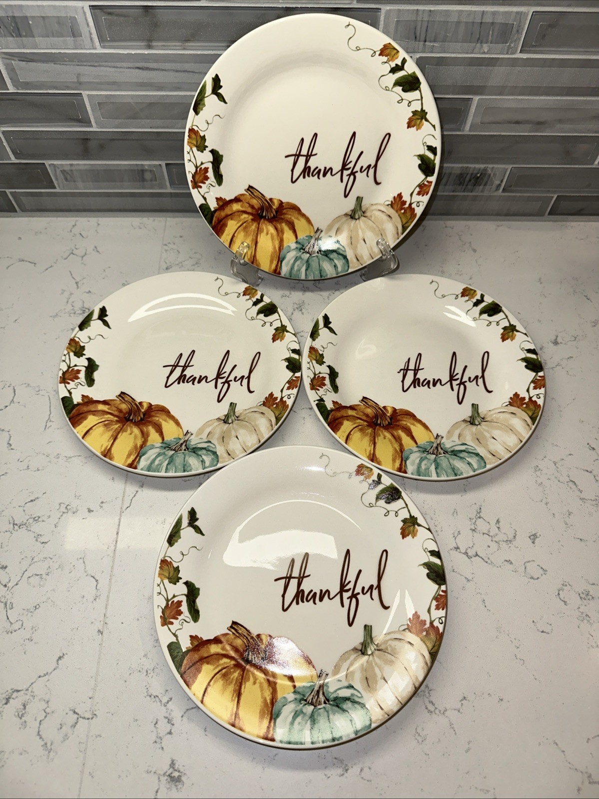 Royal Norfolk PUMPKINS 7.5” Dessert Plates~Thanksgiving Autumn Fall~Set of 4~NWT