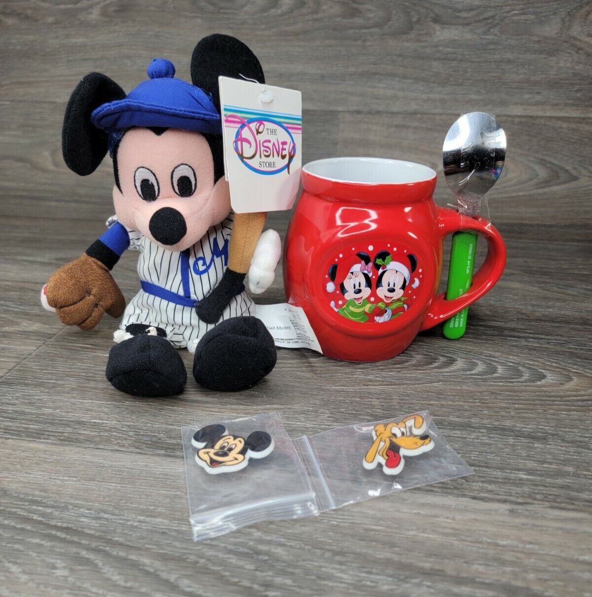 Vtg Mickey Mouse Pins Baseball Plush Toy Collectors Mug Spoon Lot of 4 Disney