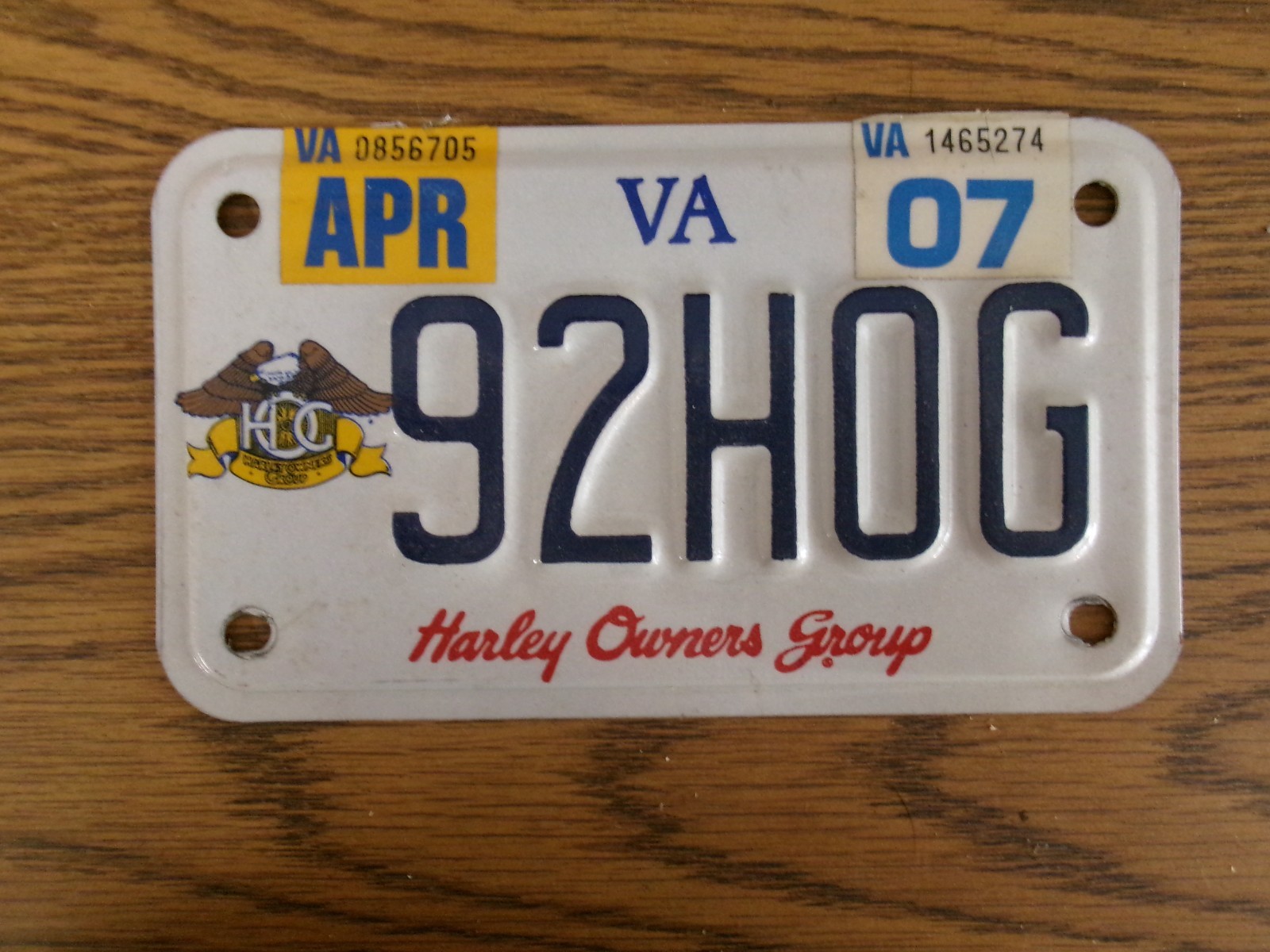 VINTAGE Harley Owners Group 92 HOG  VIRGINIA MOTORCYCLE LICENSE PLATE 1992 HOG
