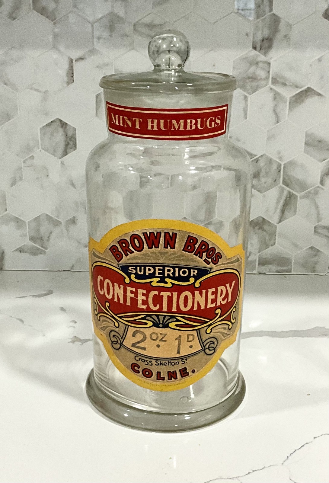 Vintage Brown Bros Mint Humbugs Confectionery Glass Shop Jar Early 20TH C 13\