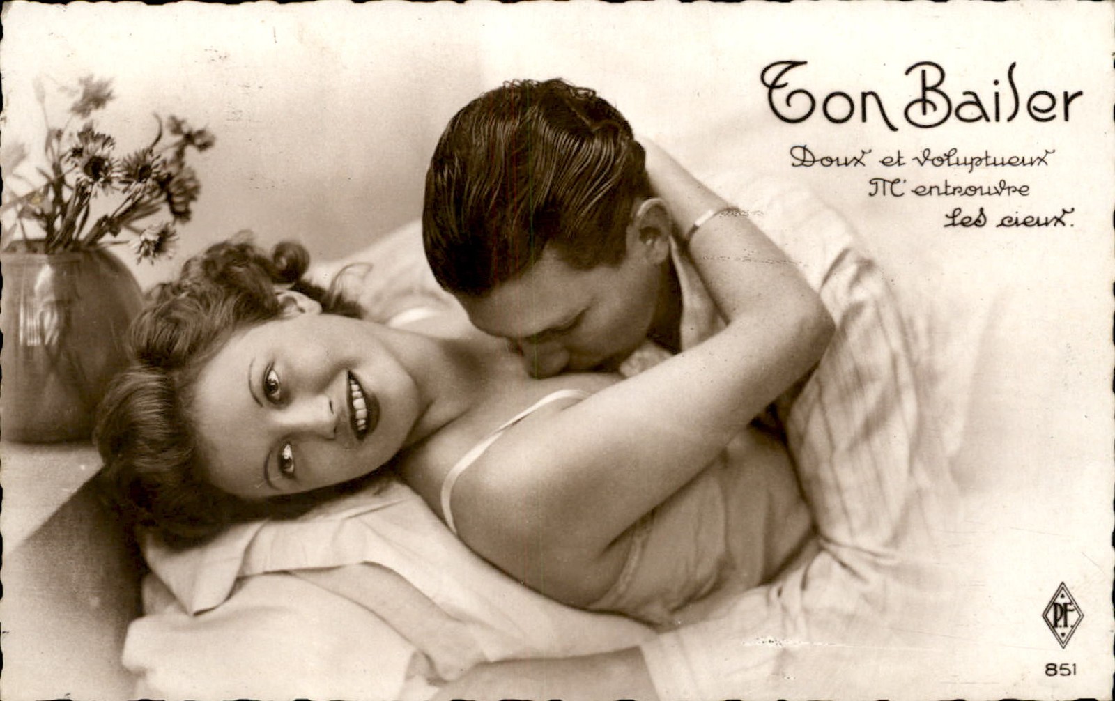 Risque couple embrace P.F. Paris c1930s-40s Real Photo Vintage Postcard