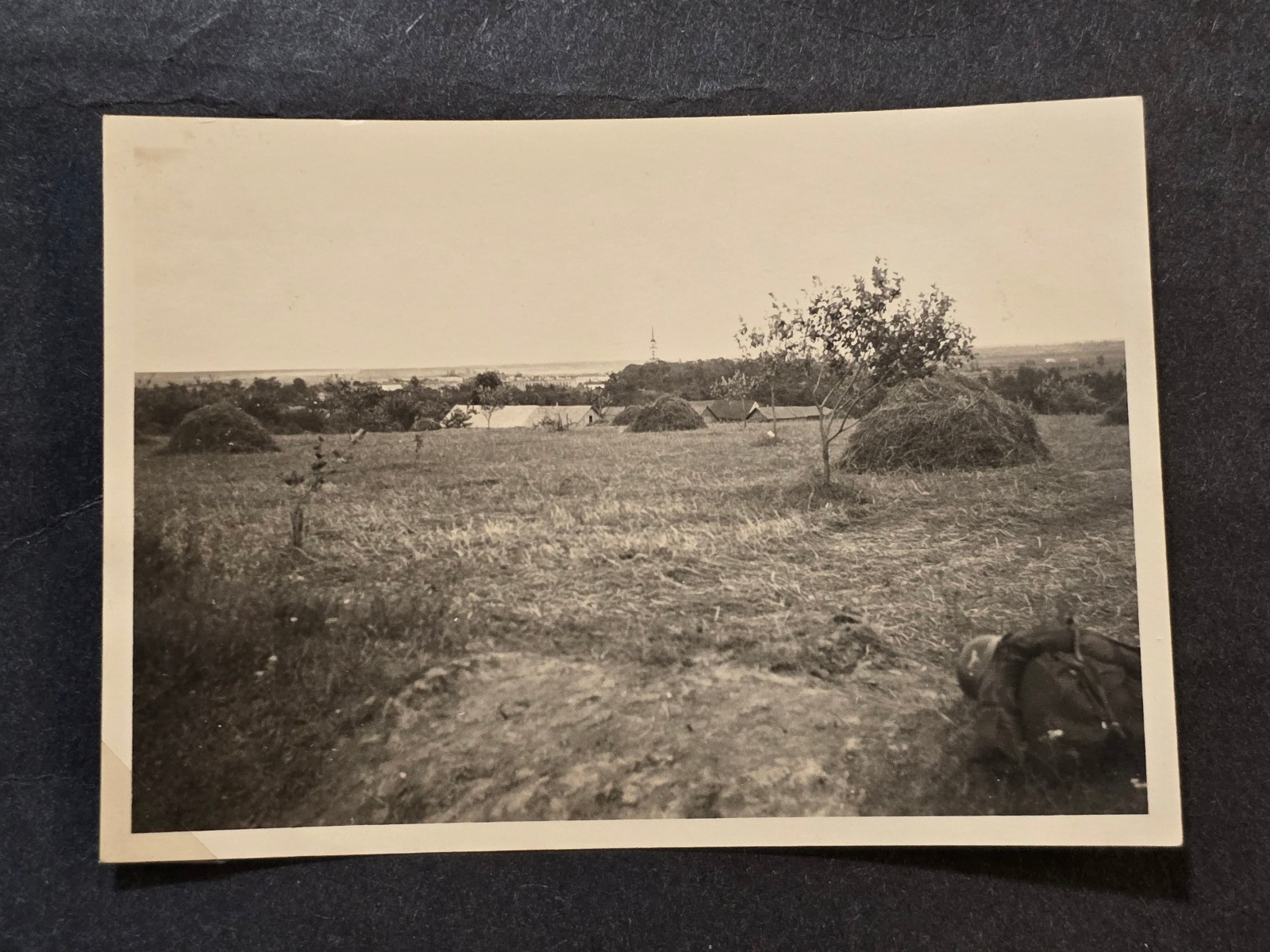 Luftwaffe Steel Helmet Pack Straw Huts WWII German Military Wartime Field Photo