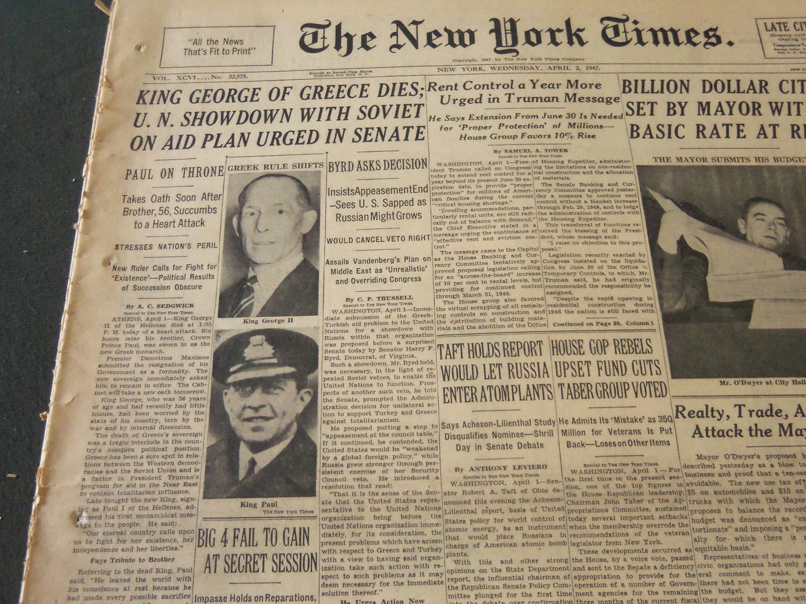 1947 APRIL 2 NEW YORK TIMES - KING GEORGE OF GREECE DIES - NT 5522
