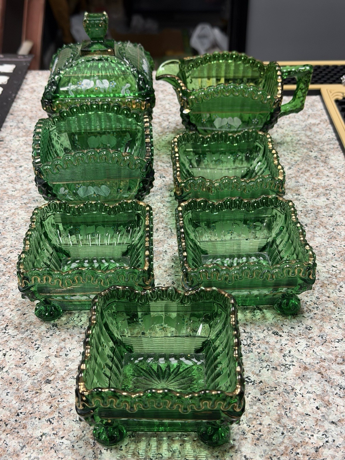 1898-1903 Northwood Alaska Pattern Green Glass w/ Enamel & Gilt EAPG. 1898-1903 Northwood Alaska Pattern Green Glass w/ Enamel & Gilt EAPG.