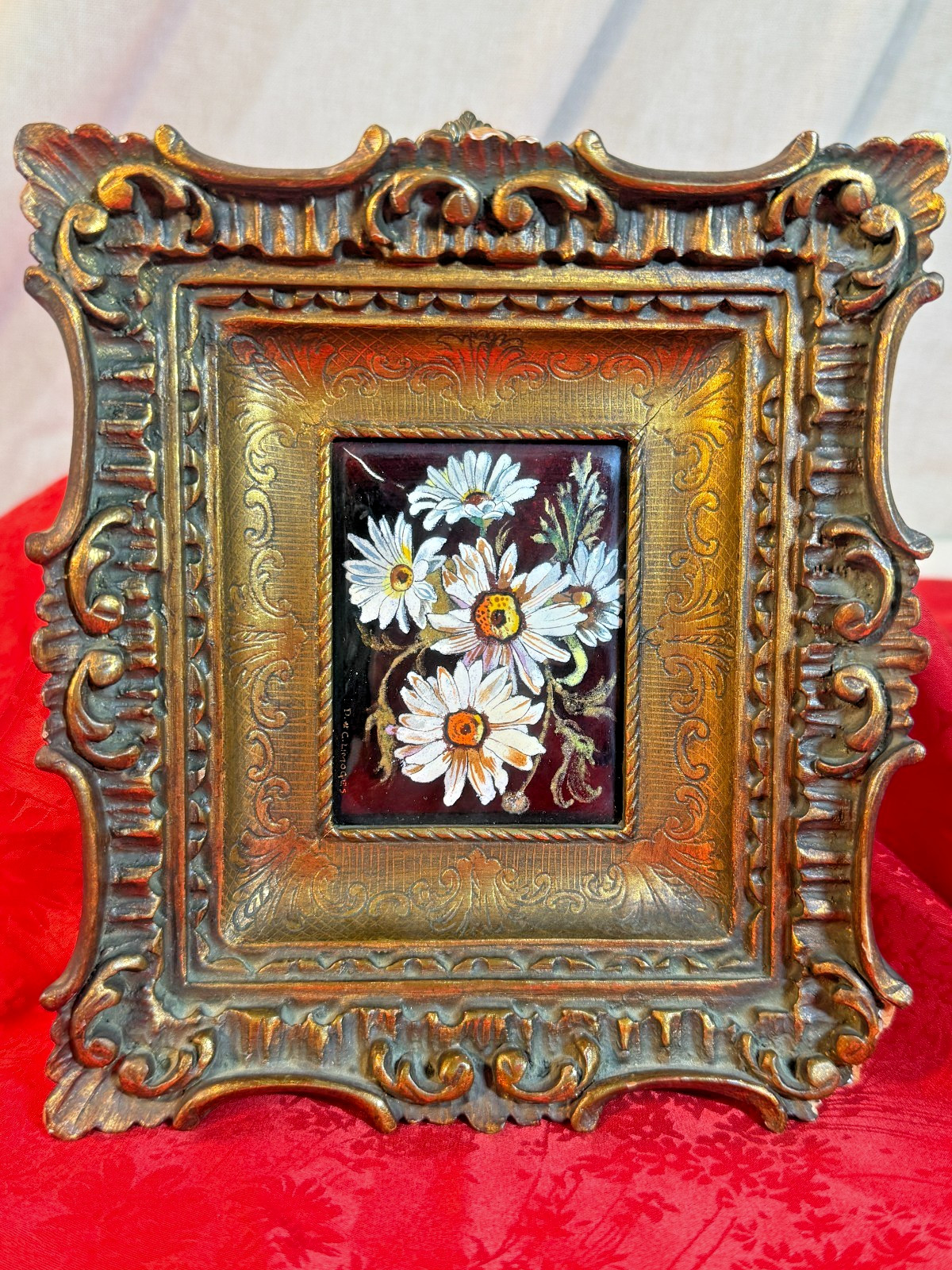 Vintage Framed SMALL LIMOGES ENAMEL PAINTING Duban Et Christel BLACK FLORAL
